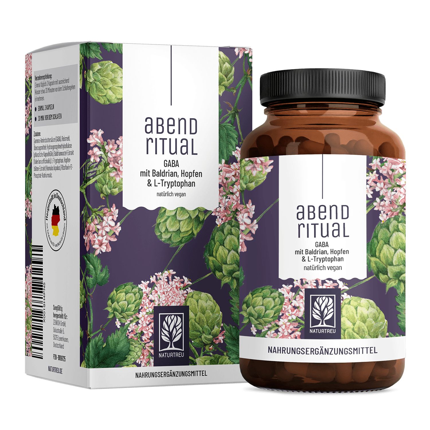 Braune Glasflasche und Schachtel mit Aufschrift 'Abendritual'. Beide zeigen das Logo von NATURTREU® und botanische Illustrationen.