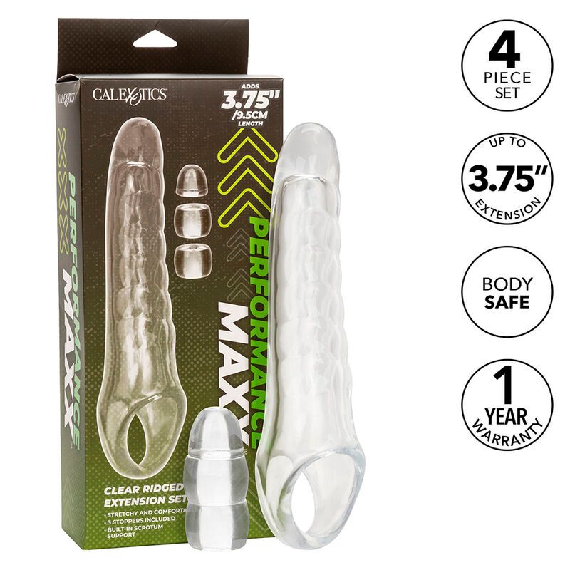 Verpackung mit transparentem Penisverlängerungs-Kit. Enthält Verlängerung, Ring und drei Manschetten. Aufdruck: Calexotics, Performance Maxx.