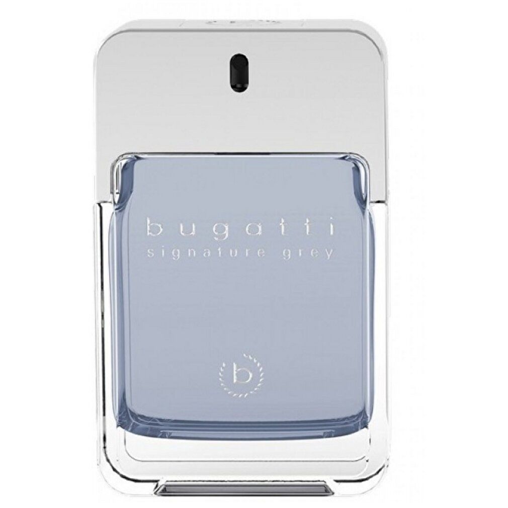 Bugatti Signature Grey Eau de Toilette. Rechteckiger Flakon mit silbernem Deckel. Graue Flüssigkeit. Logo.