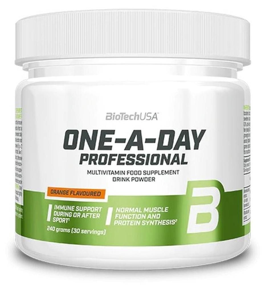 Weißes Nahrungsergänzungsmittel-Pulver in Dose. Aufschrift: ONE-A-DAY PROFESSIONAL, BiotechUSA. Orange Flavoured. 240 Gramm.