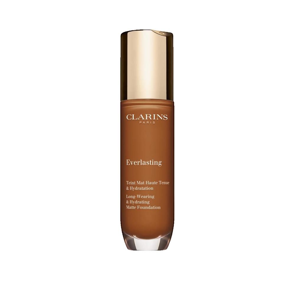 Flüssige Foundation in einer Glasflasche mit goldenem Deckel. Aufschrift: EVERLASTING, Teint Mat Haute Tenue & Hydratation.