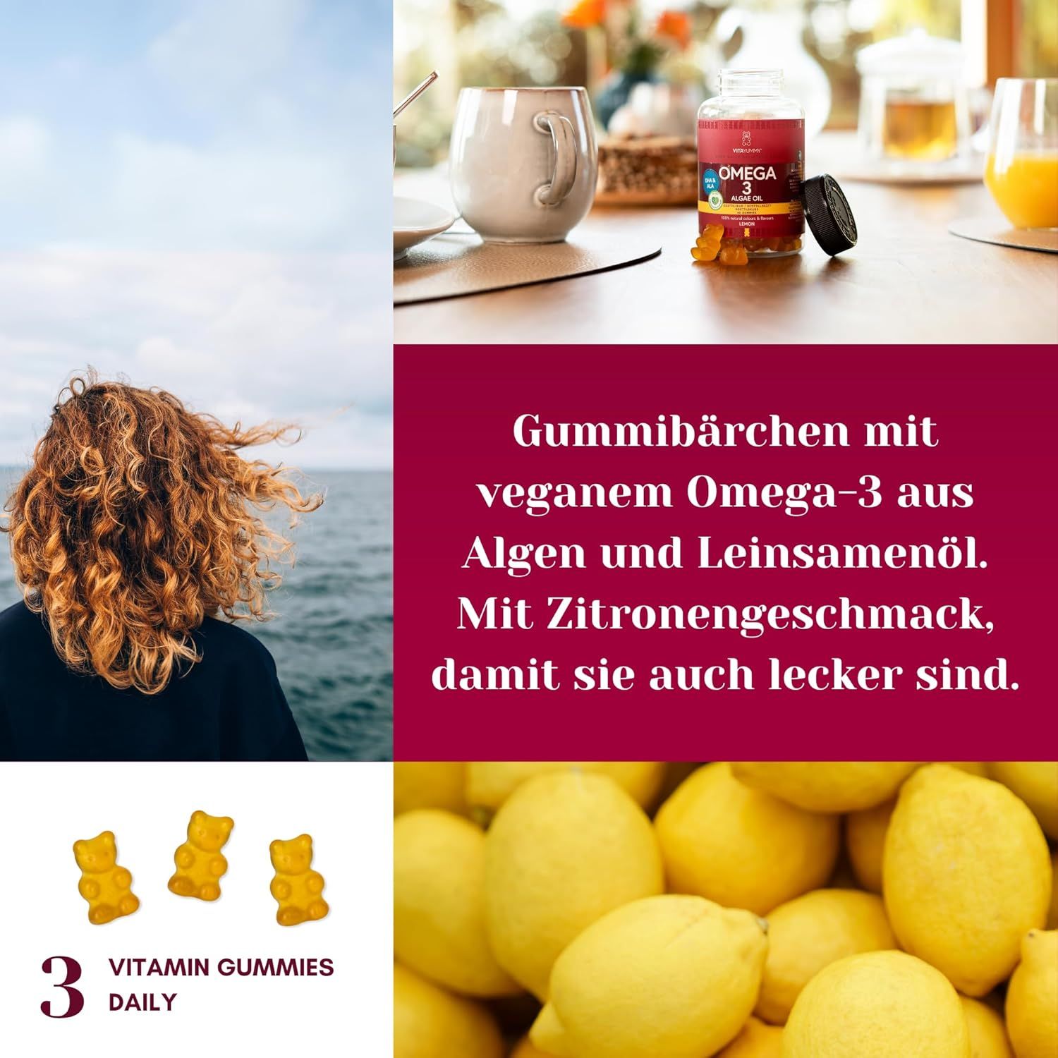 Collage mit Gummibärchen, Flasche mit Omega 3 Algenöl, Zitrone, Text. Aufschrift: VITAYUMMY, Omega 3, Algenöl, Zitrone. 3 Vitamin Gummis täglich.