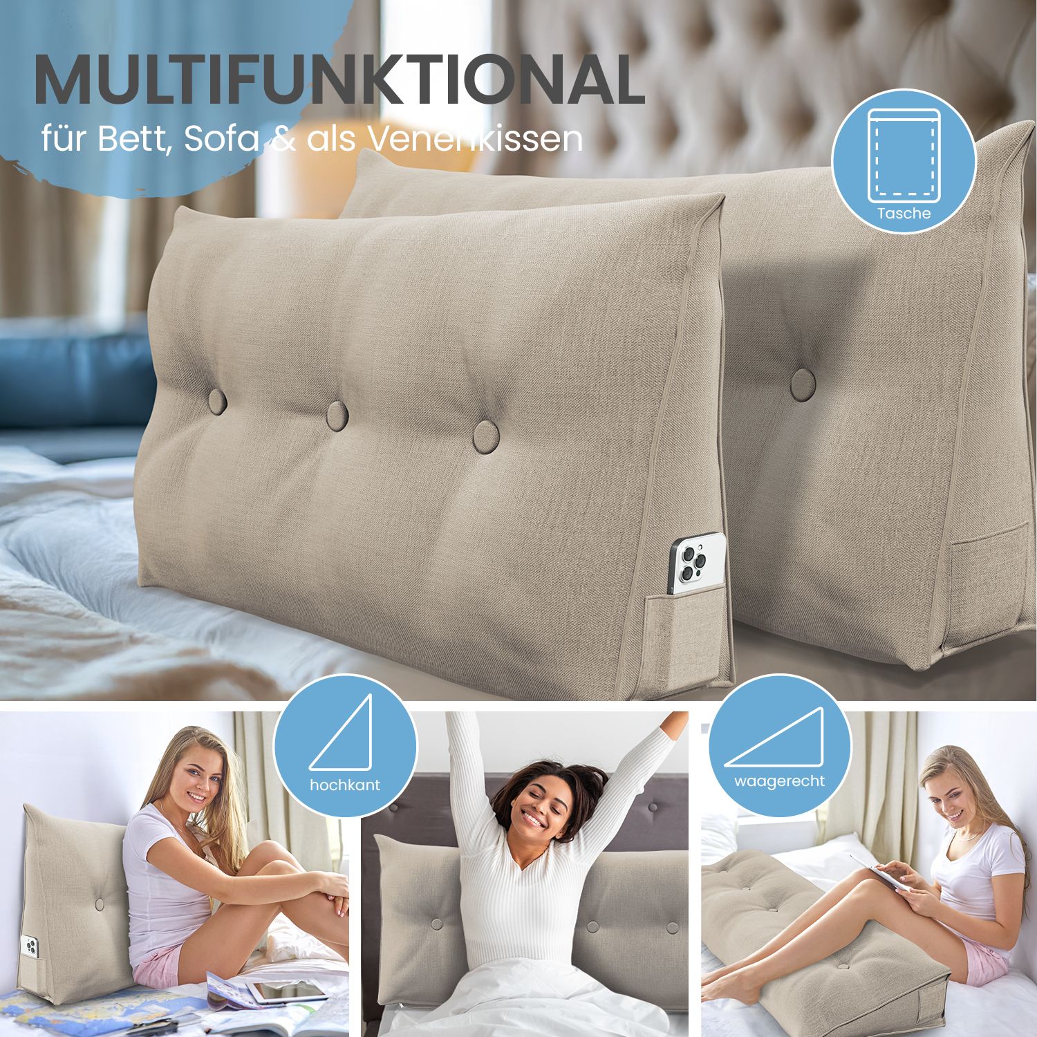Beiges Kissen mit Knöpfen. Text: MULTIFUNKTIONAL. Für Bett, Sofa & als Venenkissen. Taschen-Symbol. Frauen.