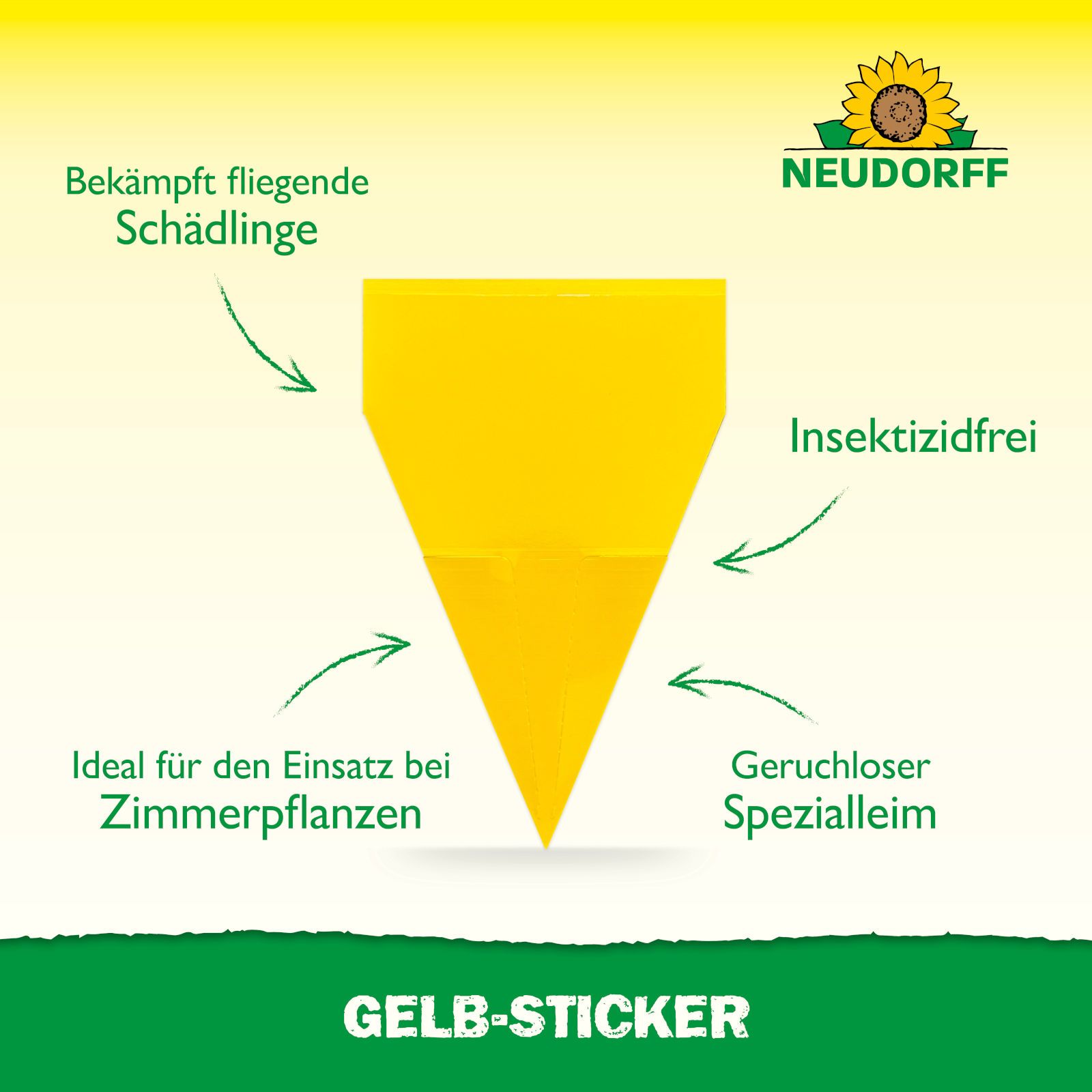 Gelber Gelb-Sticker, pfeilförmig. Text: Bekämpft fliegende Schädlinge, Insektizidfrei, Geruchloser Spezialleim, Ideal für Zimmerpflanzen. Marke: Neudorff.