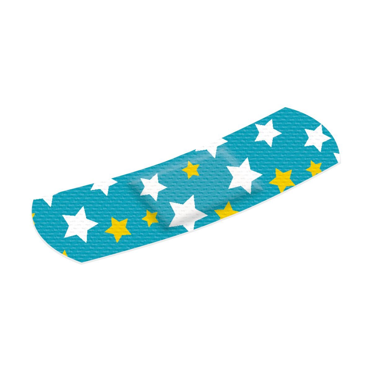 Ein einzelner WERO FunkelStern Pflasterstrip für Kinder, blau mit weißen und gelben Sternen.