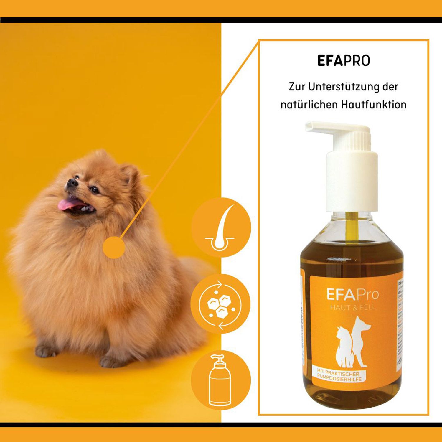 EFAPro Haut & Fell Flasche mit Pumpspender neben einem Pomeranian Hund, mit Icons für Hautpflege.