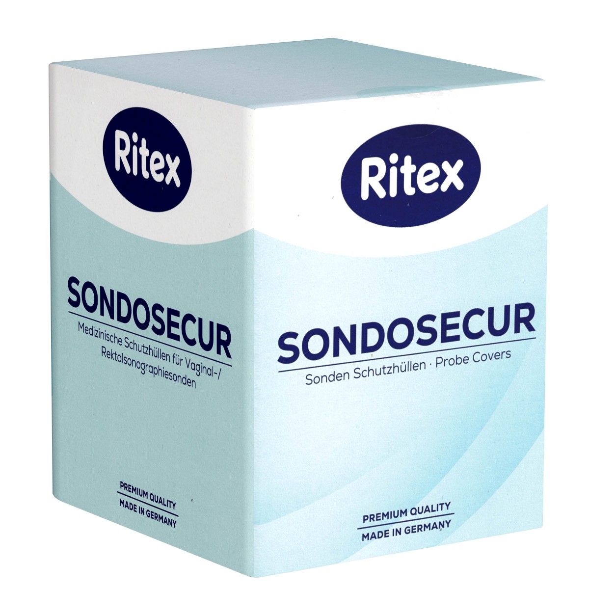 Verpackung von Ritex SONDOSSECUR. Aufschrift: Medizinische Schutzhüllen für Vaginal-/Rektalsonographiesonden. Premium Qualität. Made in Germany.