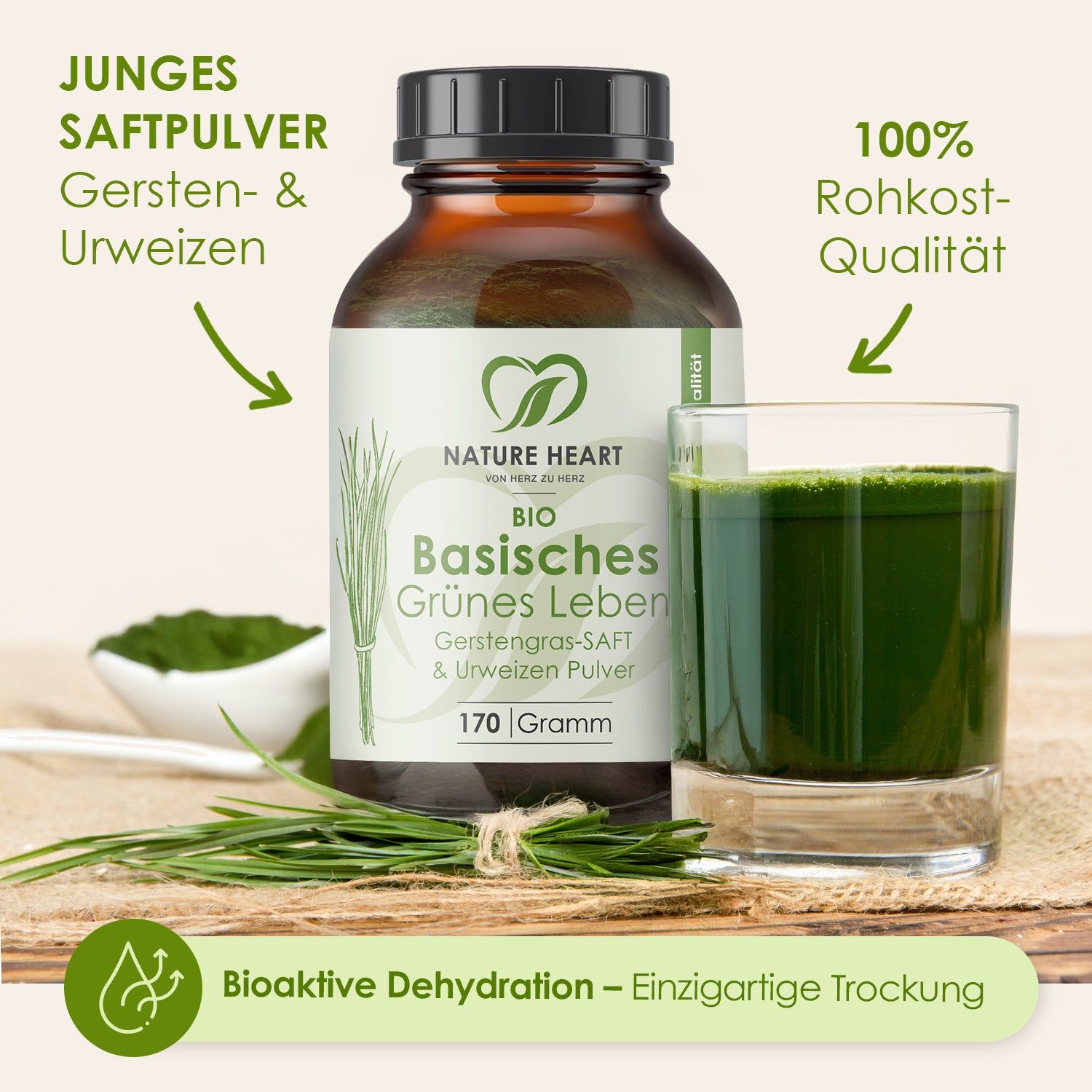 Glasflasche mit Pulver, Glas mit grünem Getränk, Löffel mit Pulver, Gerstengras. Text: "BIO Basisches Grünes Leben", "170 Gramm", "100% Rohkost-Qualität".
