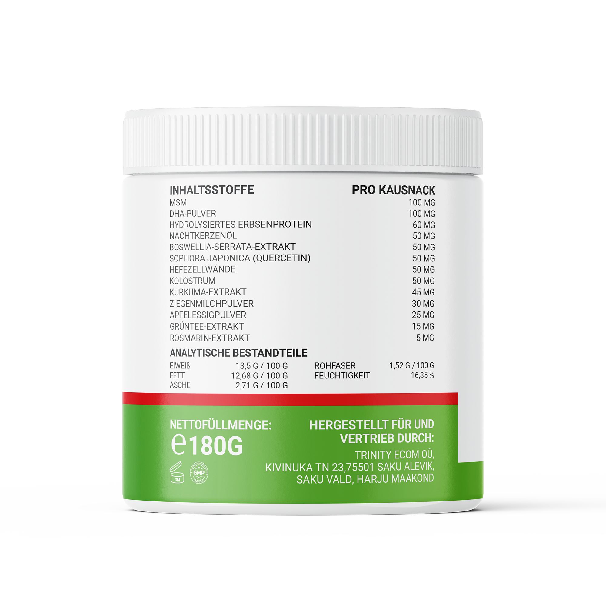 Rückseite Dose: Inhaltsstoffe, analytische Bestandteile, Nettofüllmenge 180g.