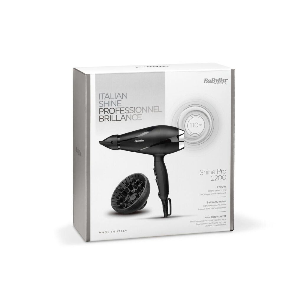Produktverpackung. Aufschrift: BaByliss Shine Pro 2200. Abbildung des Haartrockners und Diffusors. Hergestellt in Italien.