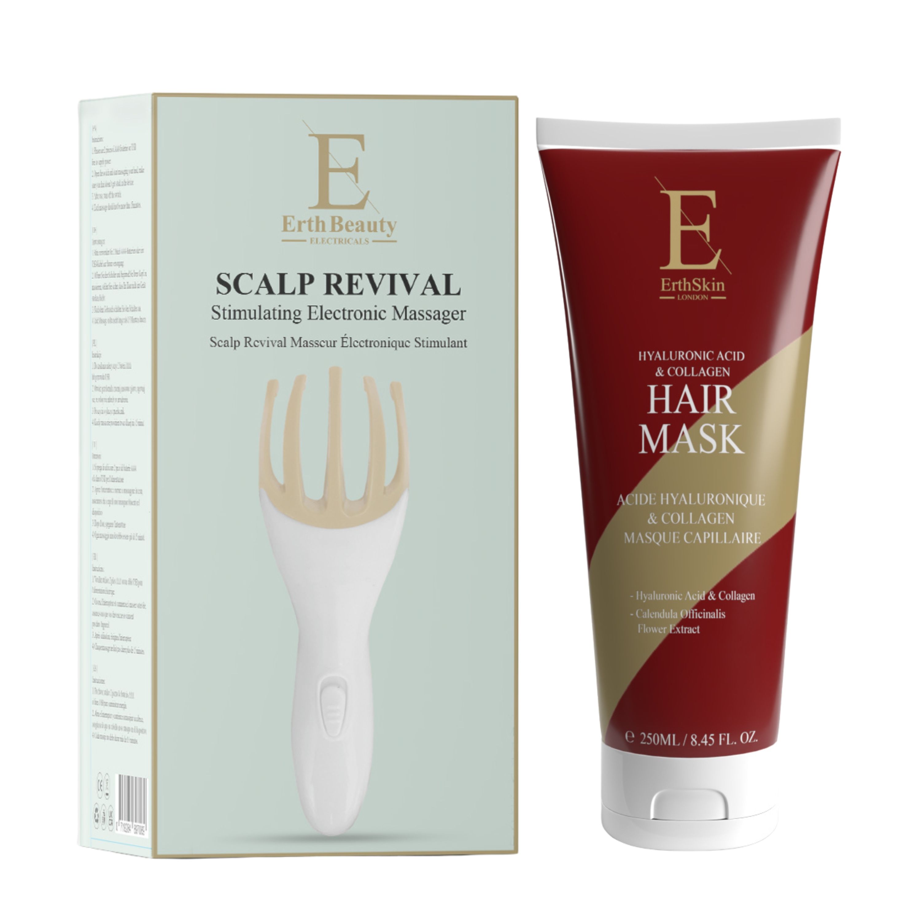 Kopfhautmassagegerät und Haarmaske. Das Massagegerät ist weiß mit beigen Zinken. Die Maske ist in einer roten Tube.