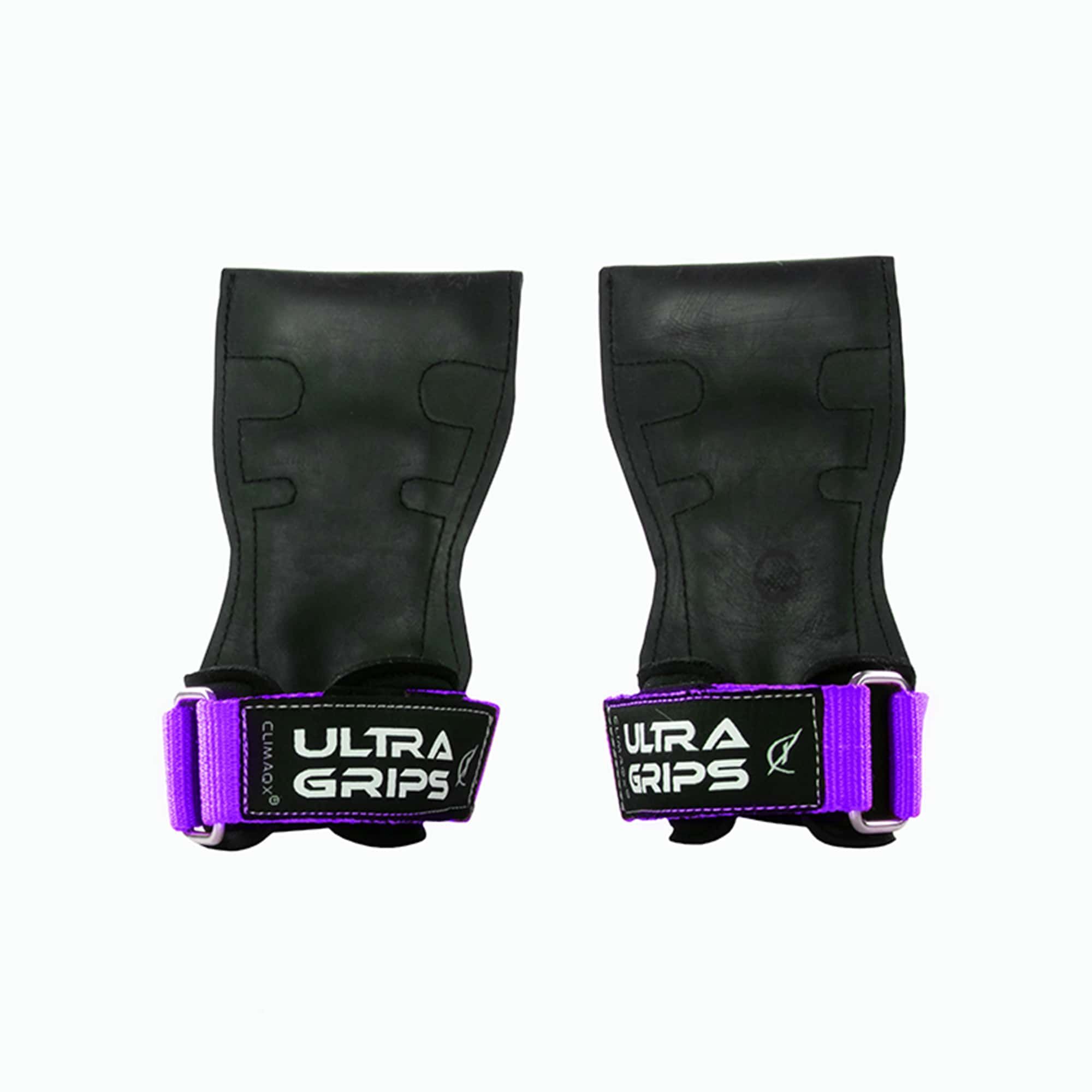 Zwei schwarze Trainingsgriffe mit lila Handgelenkriemen. Auf den Riemen steht "ULTRA GRIPS".