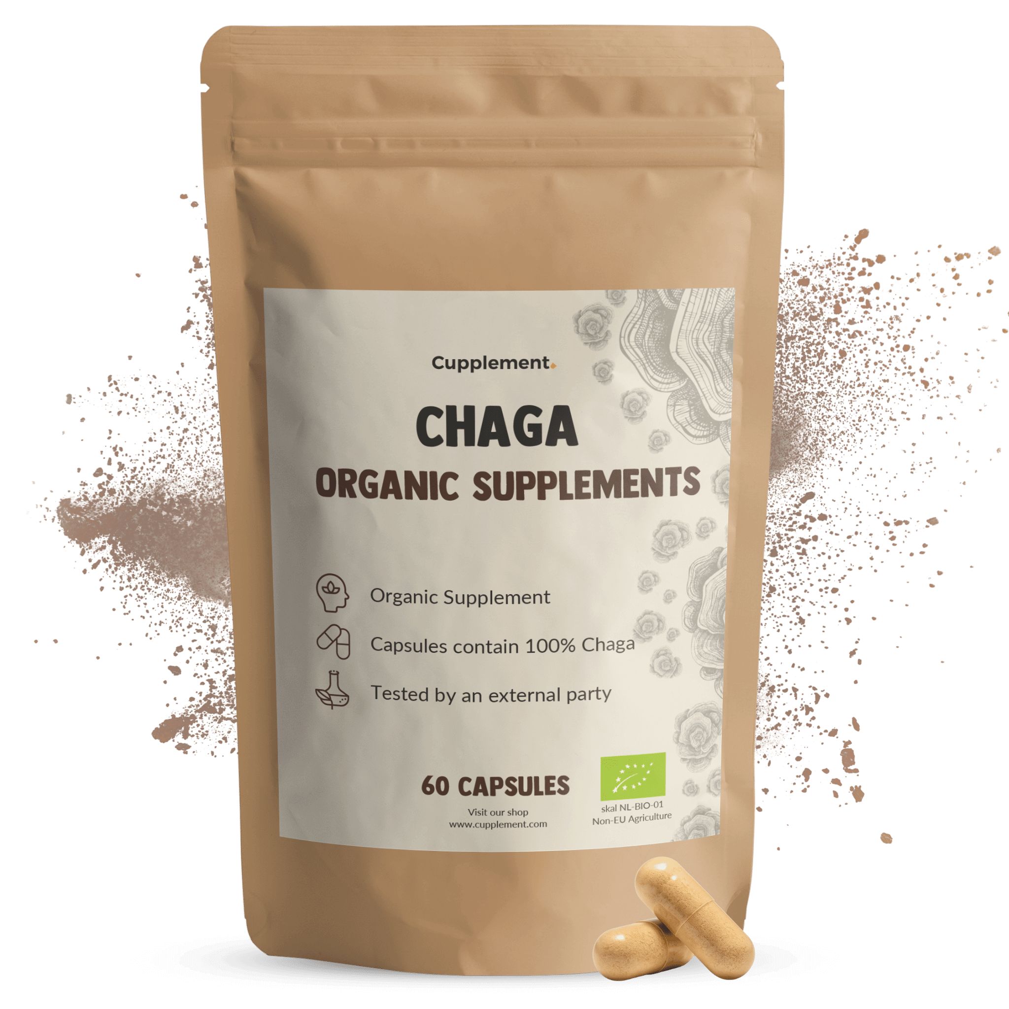 Beutel mit Chaga-Kapseln. Aufschrift: Chaga Organic Supplements. 60 Kapseln. Zwei Kapseln liegen daneben.