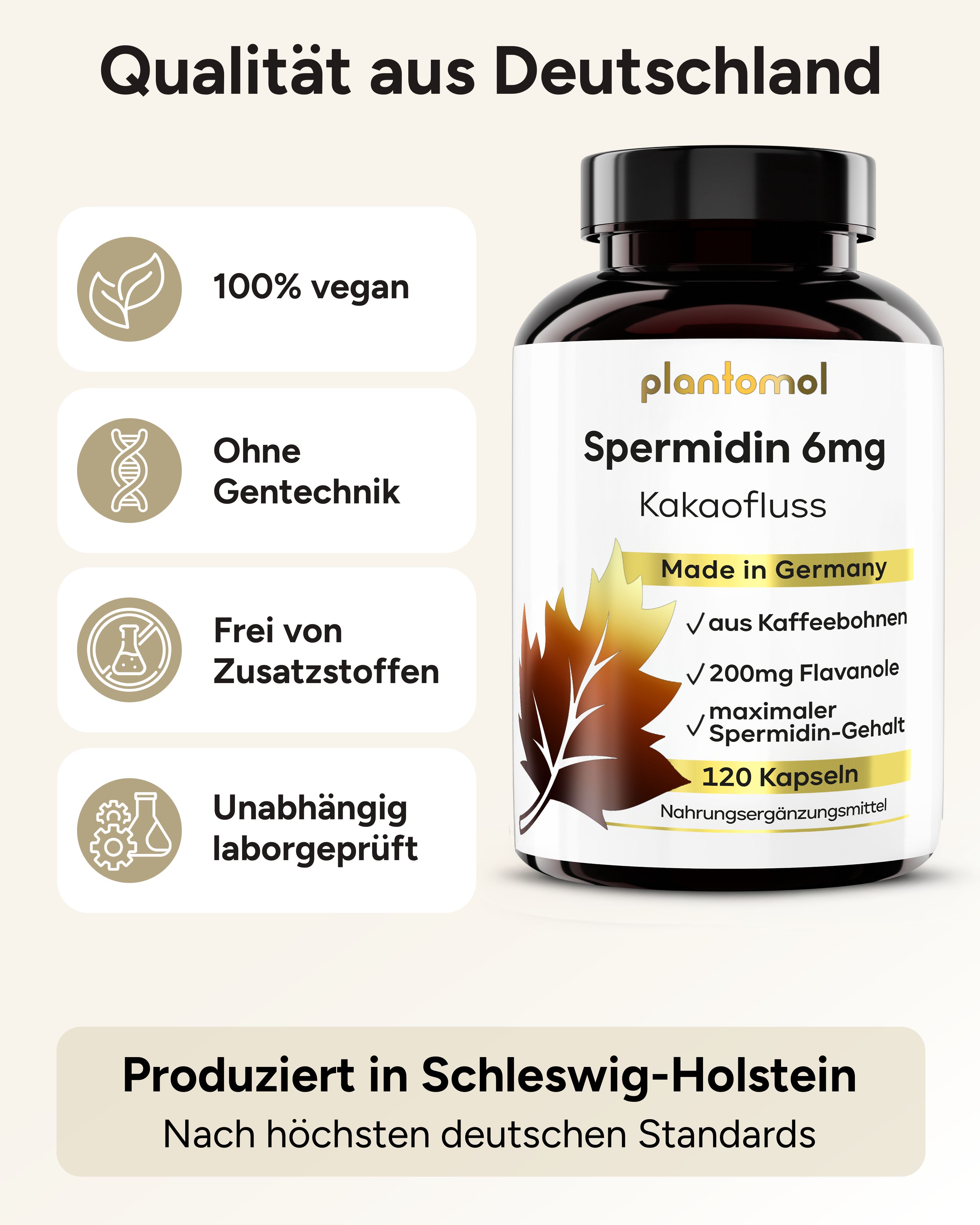 Flasche mit Kapseln. Aufschrift: plantomol, Spermidin 6mg Kakaofluss, 120 Kapseln. Logos: vegan, ohne Gentechnik.