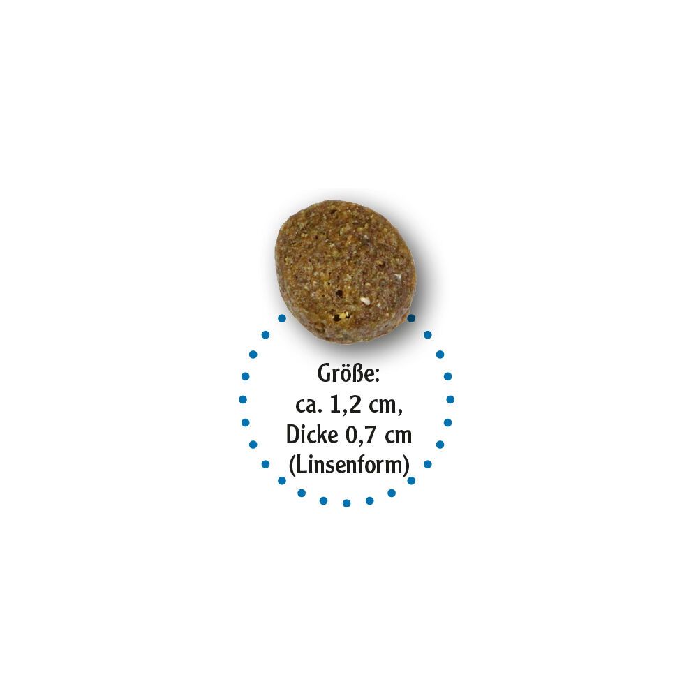 Einzelnes, braunes, linsenförmiges Trockenfutter-Stück. Blaue gestrichelte Linie um das Futter. Text: Größe: ca. 1,2 cm, Dicke 0,7 cm.