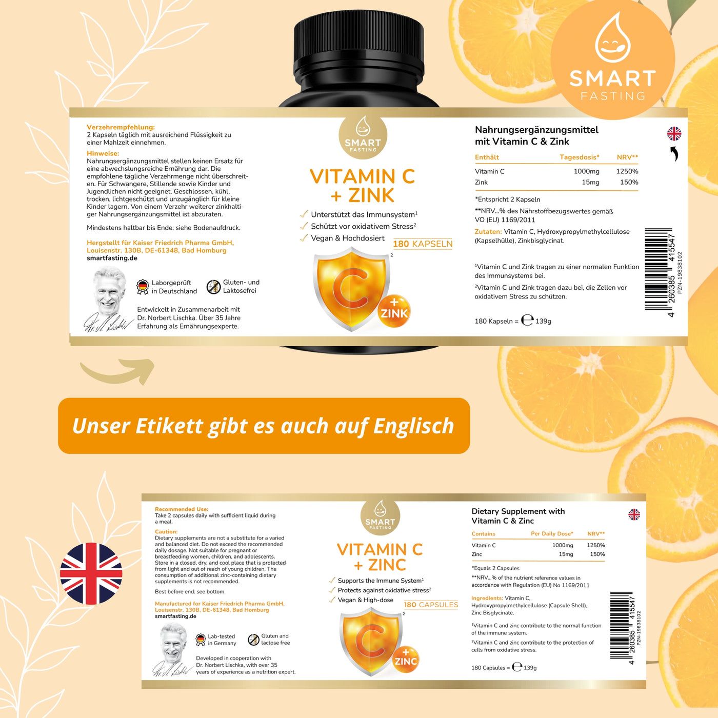 Braune Flasche mit schwarzen Deckel. Aufschrift: Vitamin C + Zink. Etikett mit Informationen. Orangen.