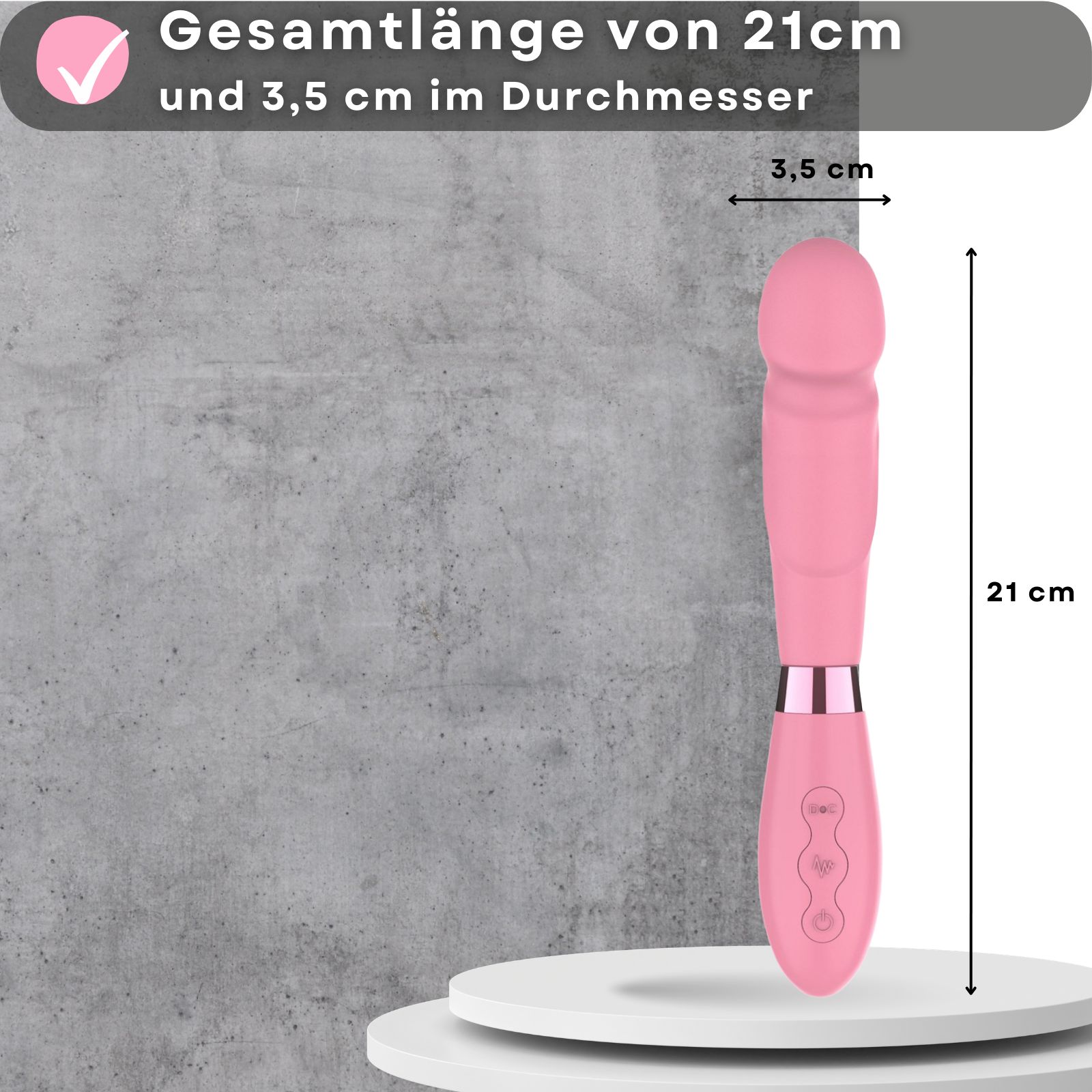 Rosa Vibrator. Silikon. 21 cm lang, 3,5 cm Durchmesser. Wiederaufladbar. 10 Vibrationsmodi.