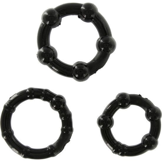 Drei schwarze Penisringe. Oben ein Ring mit Kugeln, darunter zwei Ringe mit Noppen. Alle Ringe sind rund.