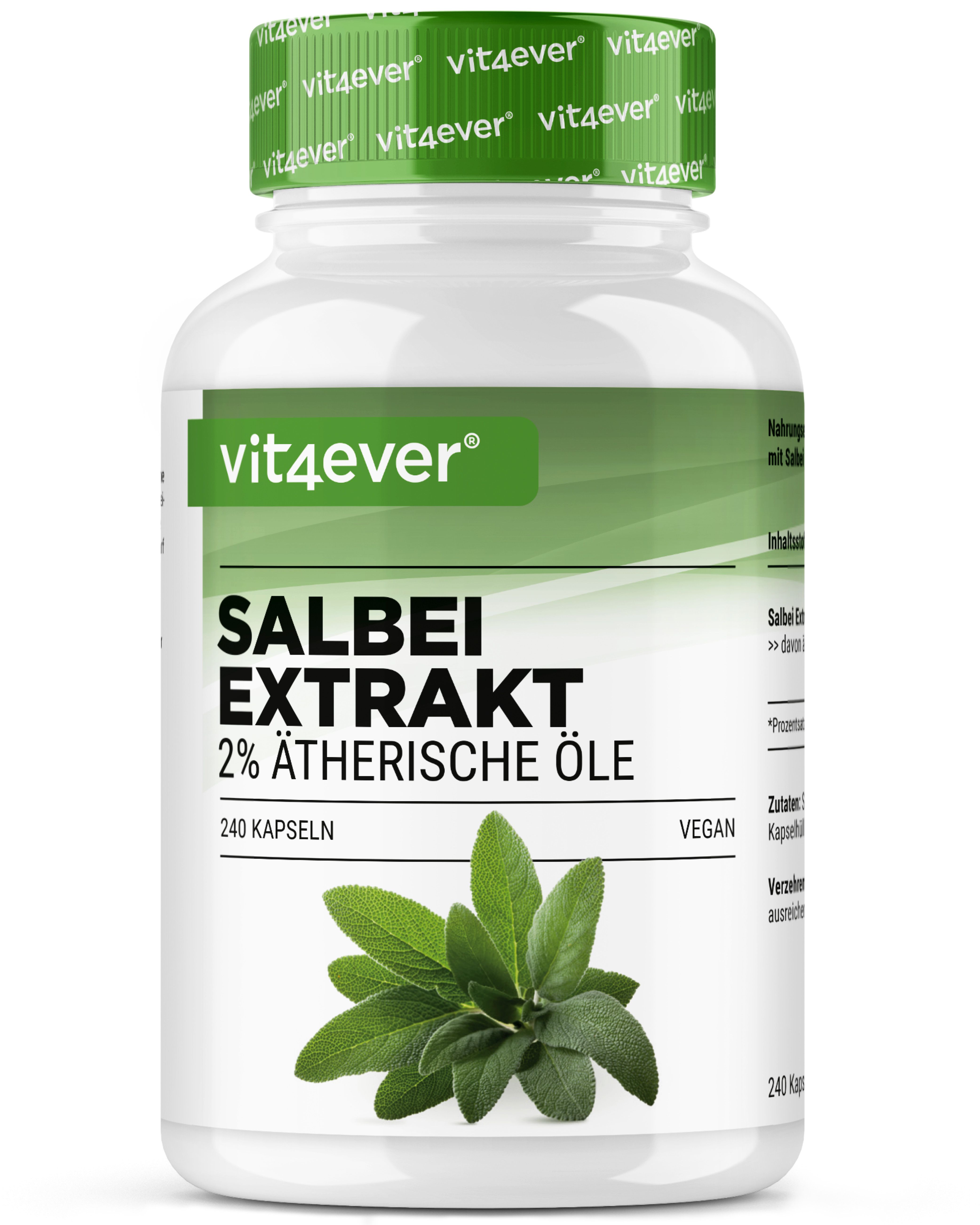 Weiße Flasche mit grünem Deckel. Aufschrift: Salbei Extrakt, 2% ätherische Öle, 240 Kapseln. Abbildung von Salbeiblättern.