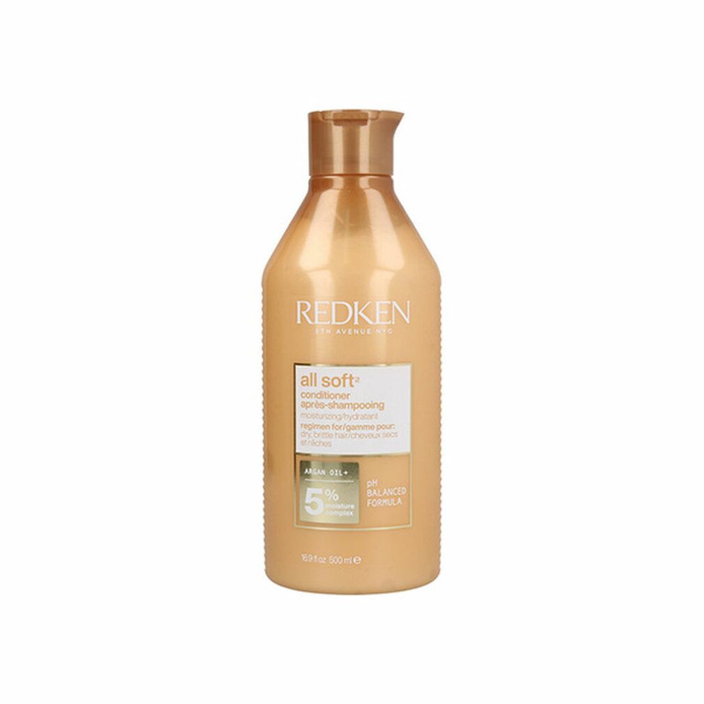 Goldfarbene Flasche mit Conditioner. Aufschrift: Redken, All Soft. Enthält Arganöl und 5% Feuchtigkeitskomplex. pH-ausgeglichen.
