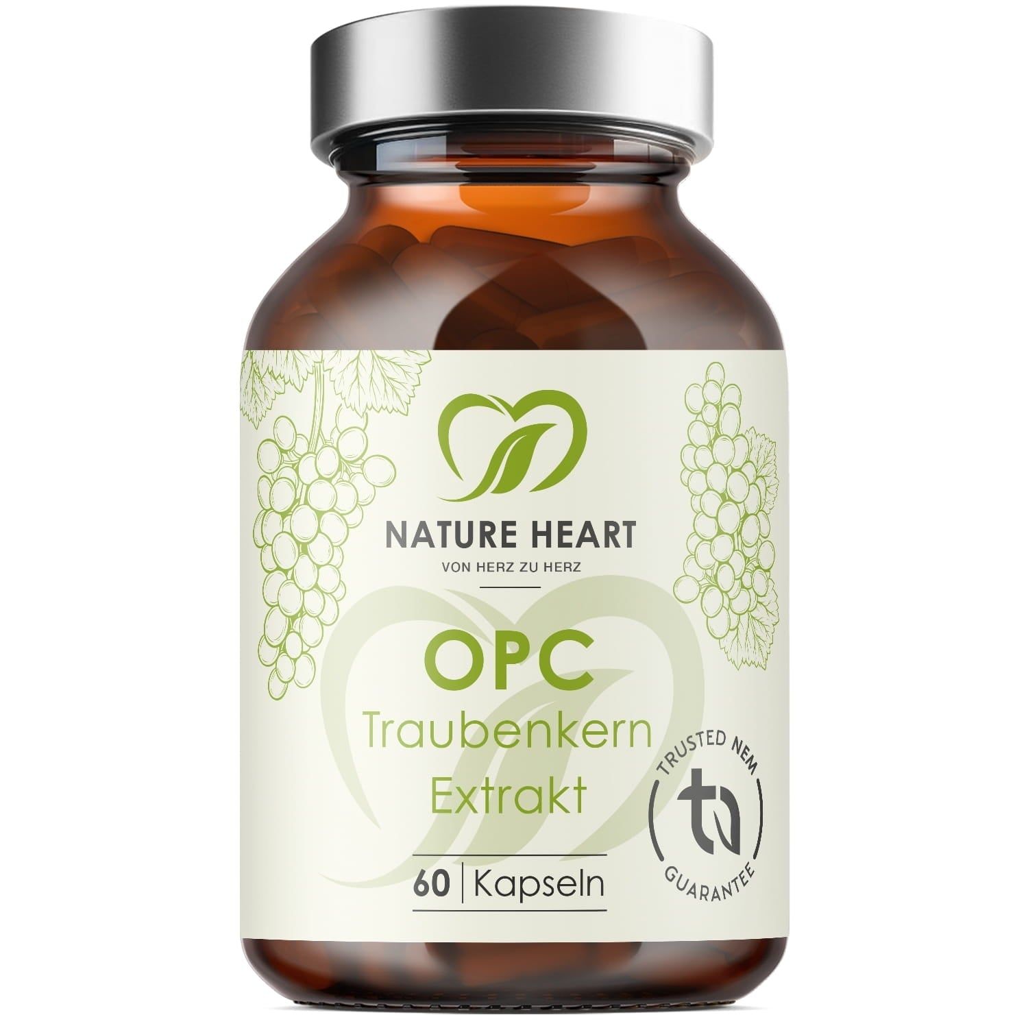 Braunglasflasche mit Kapseln. Aufschrift: OPC Traubenkern Extrakt, 60 Kapseln. Logo: Nature Heart. Siegel: Trusted NEM.