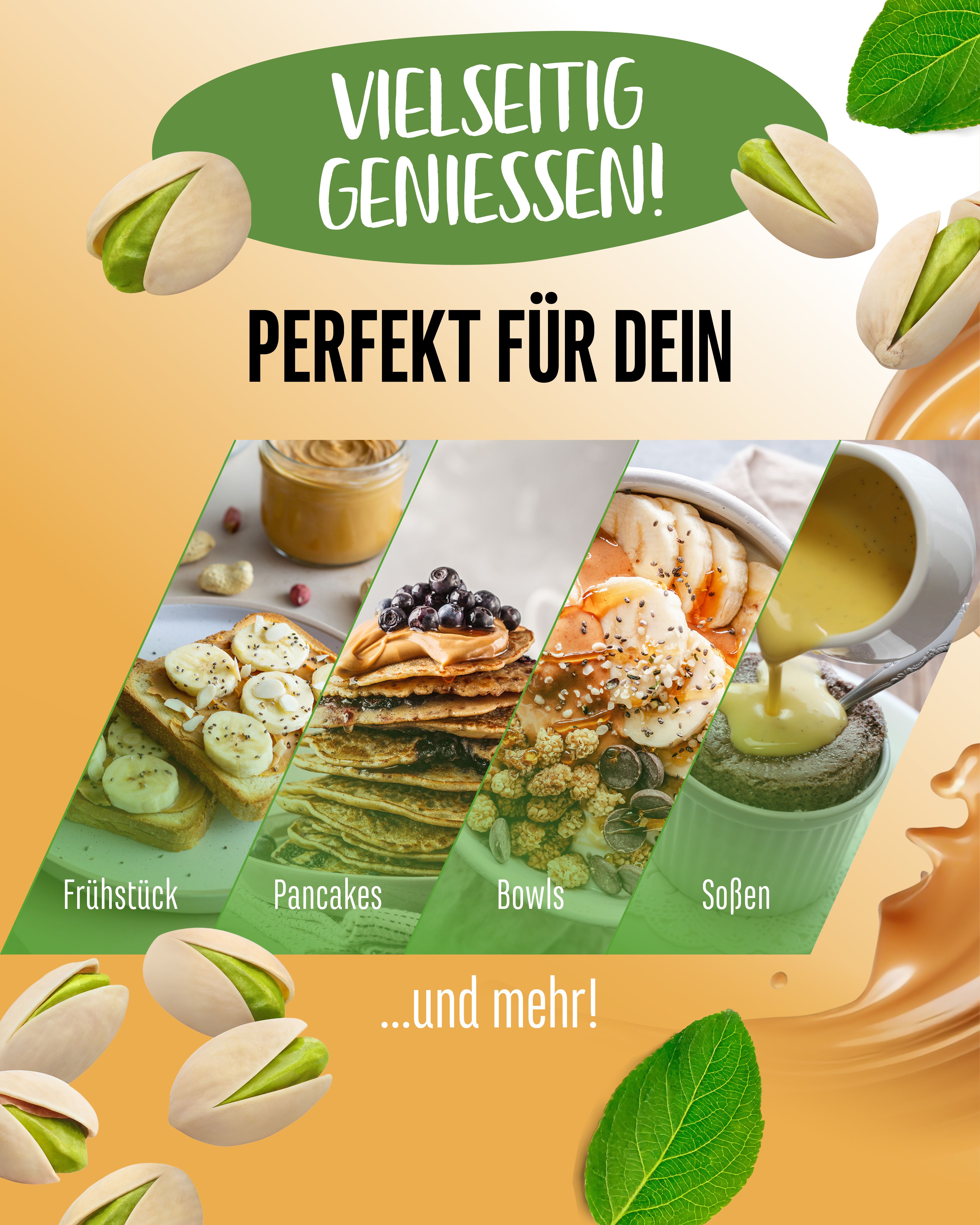 Verschiedene Gerichte mit Pistazienbutter: Frühstück, Pfannkuchen, Bowls und Soßen. Pistazien und Blätter als Dekoration.