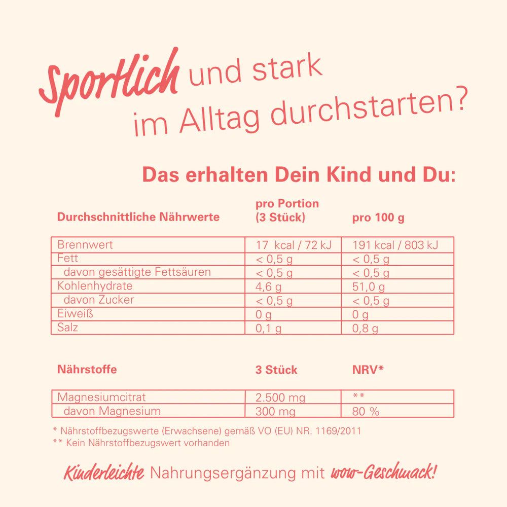 Nährwerttabelle. Text: Durchschnittliche Nährwerte. Magnesiumcitrat, Magnesium. 3 Stück. 300 mg Magnesium.