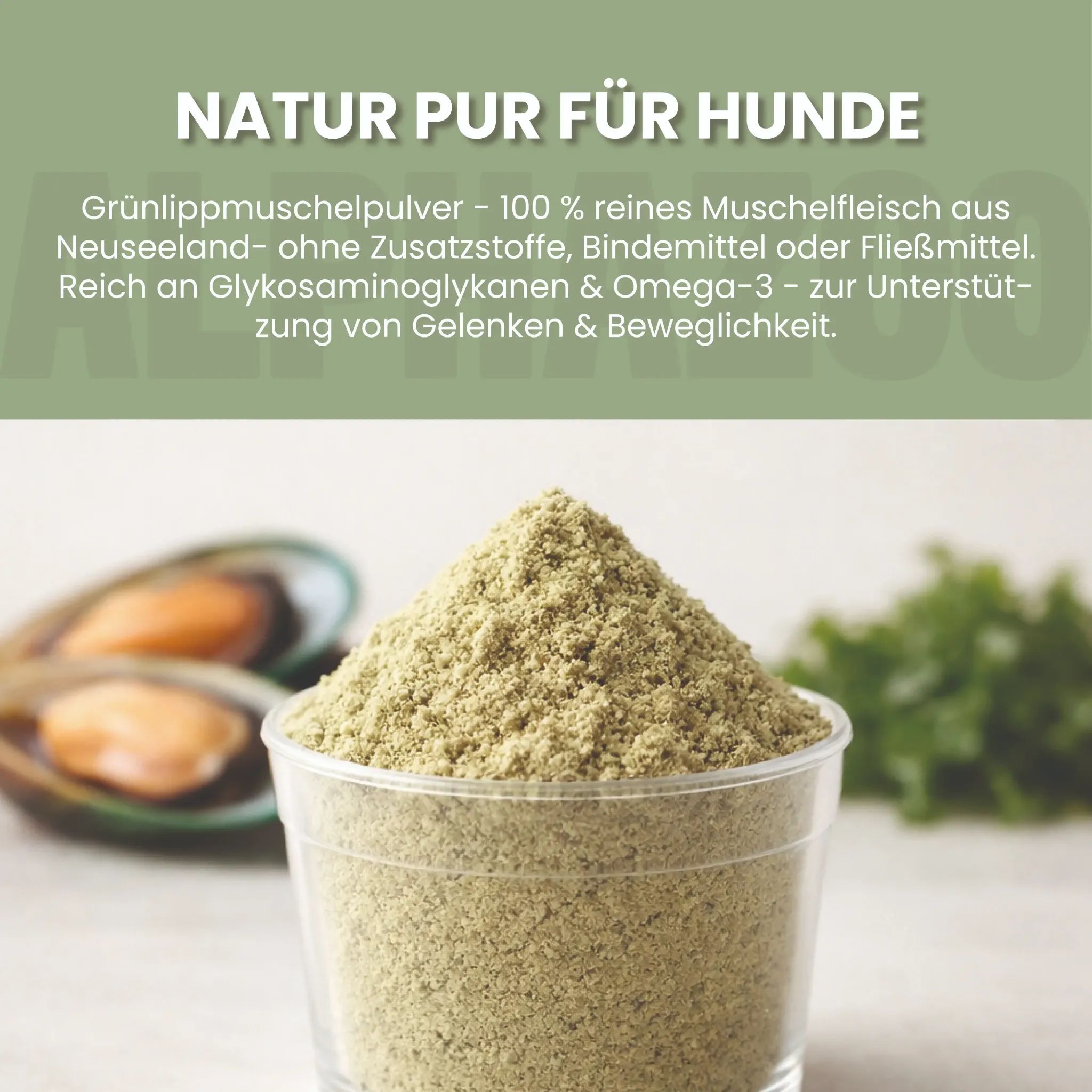 Becher mit grünem Pulver, Muscheln und Kräutern im Hintergrund.