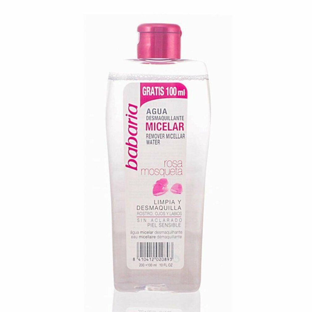 Klare Flasche mit rosa Deckel. Etikett mit Babaria-Logo und Produktbezeichnung. Text: Agua Micelar, Rosa Mosqueta.