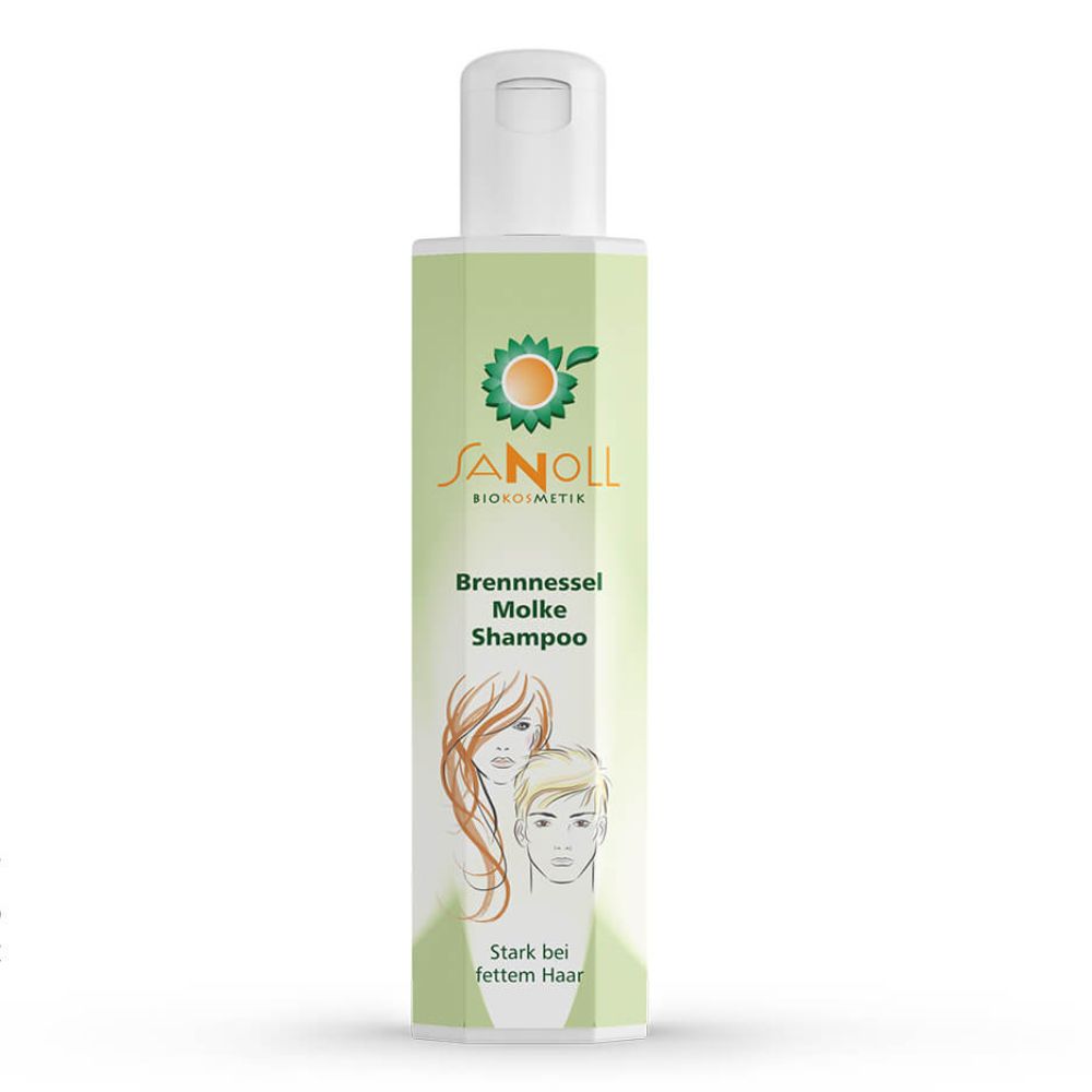 Grüne Flasche mit weißem Deckel. Aufschrift: Sanoll Biokosmetik Brennnessel Molke Shampoo. Illustration von Haaren und Gesichtern.