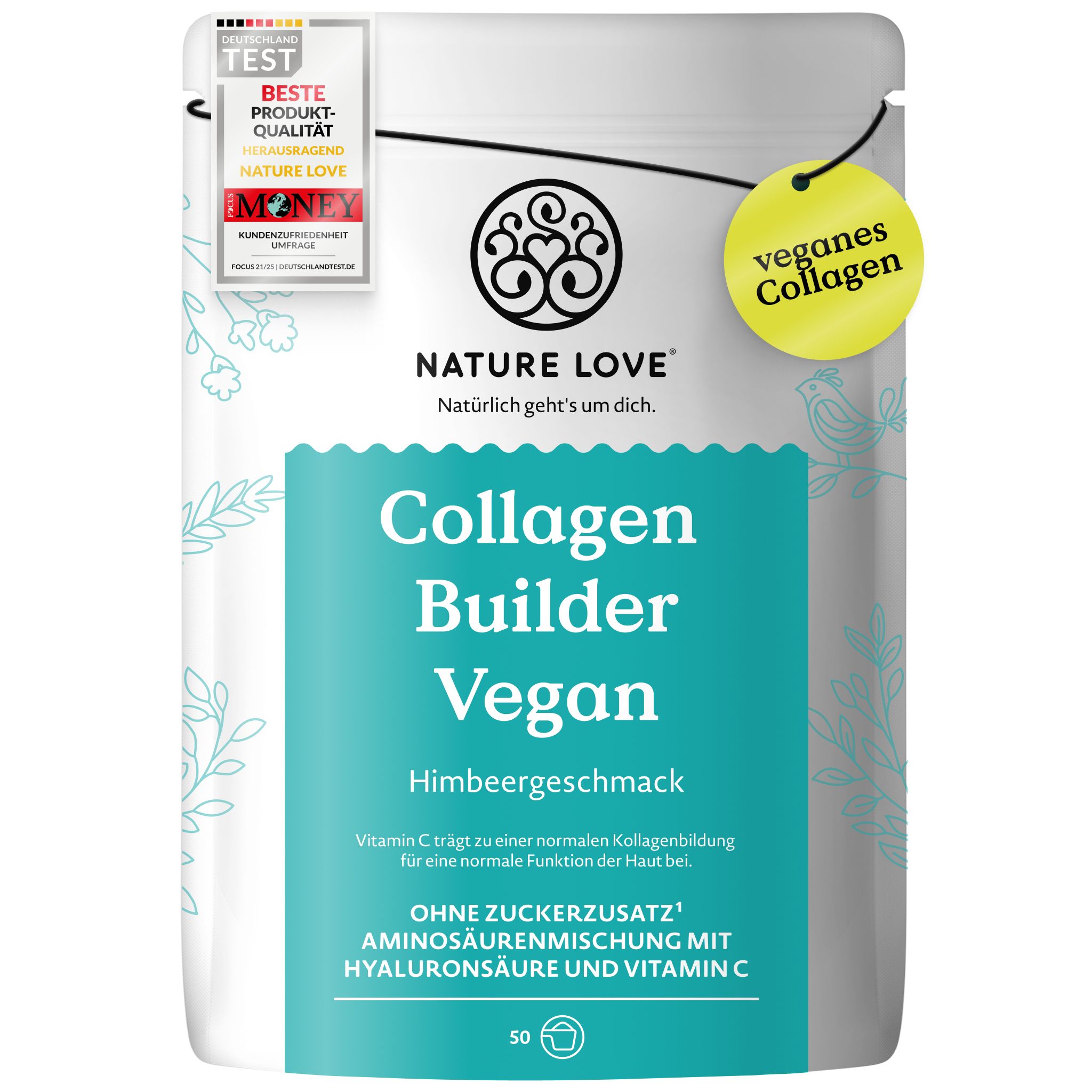 Verpackung NATURE LOVE Collagen Builder Vegan Himbeergeschmack mit Siegel 'Beste Produkt-Qualität'.