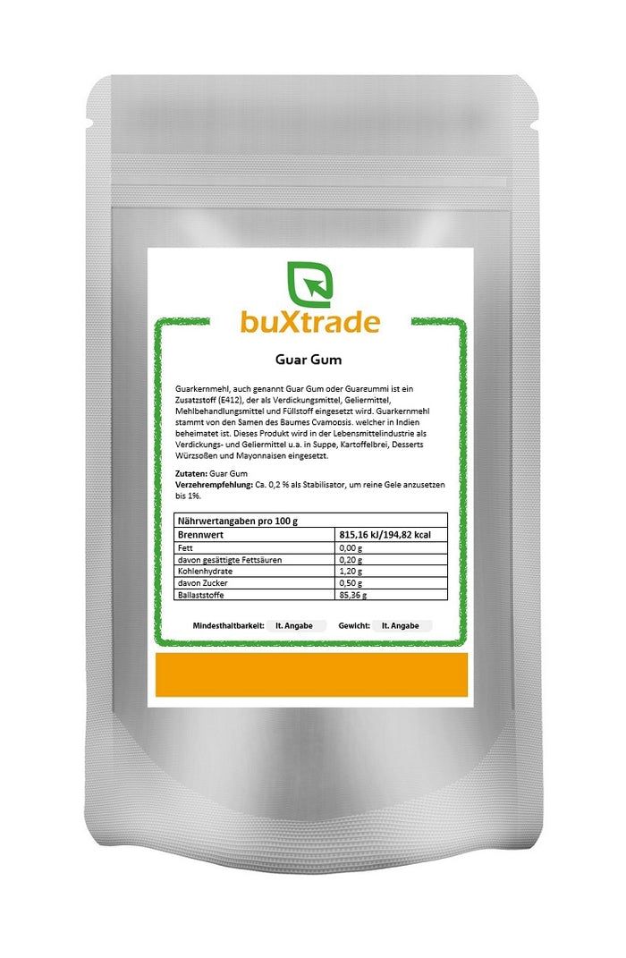 Beutel mit buXtrade Guar Gum. Aufdruck mit Produktname, Nährwertangaben und Zutaten. Weißer Beutel mit grünem und orangefarbenem Rahmen.