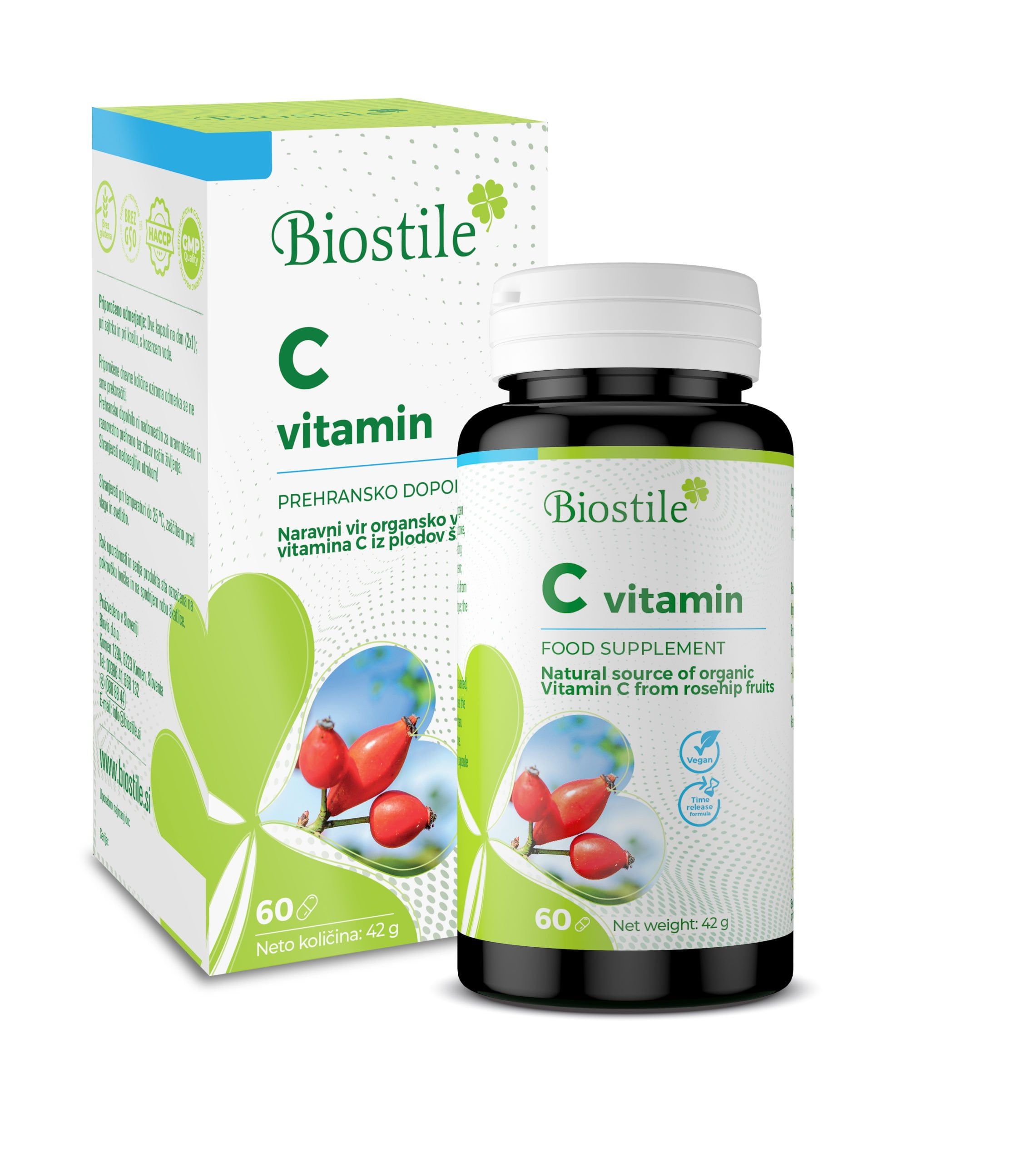 Dose und Schachtel mit Biostile C Vitamin. Aufschrift: C vitamin, 60 Kapseln. Abbildung von Hagebutten.