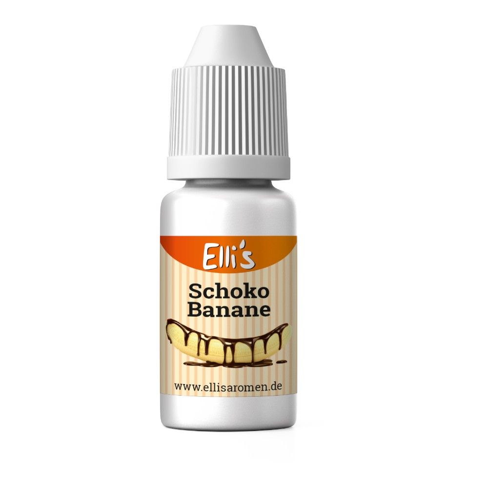 Weiße Flasche mit Schraubverschluss. Etikett mit "Elli's Schoko Banane" und Banane mit Schokoladenüberzug. Website-Adresse.