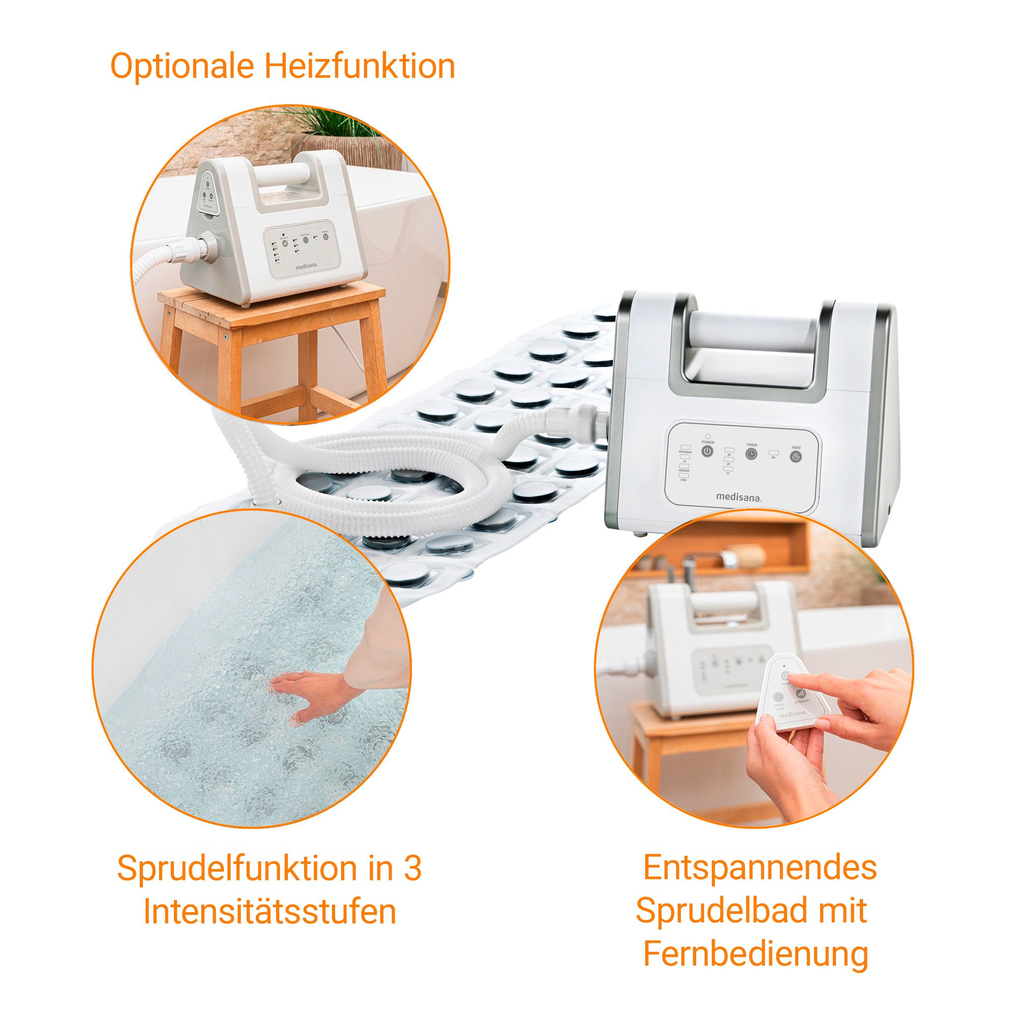 Luftsprudelbad-Set mit Gerät, Matte, Schlauch und Detailansichten der Funktionen.