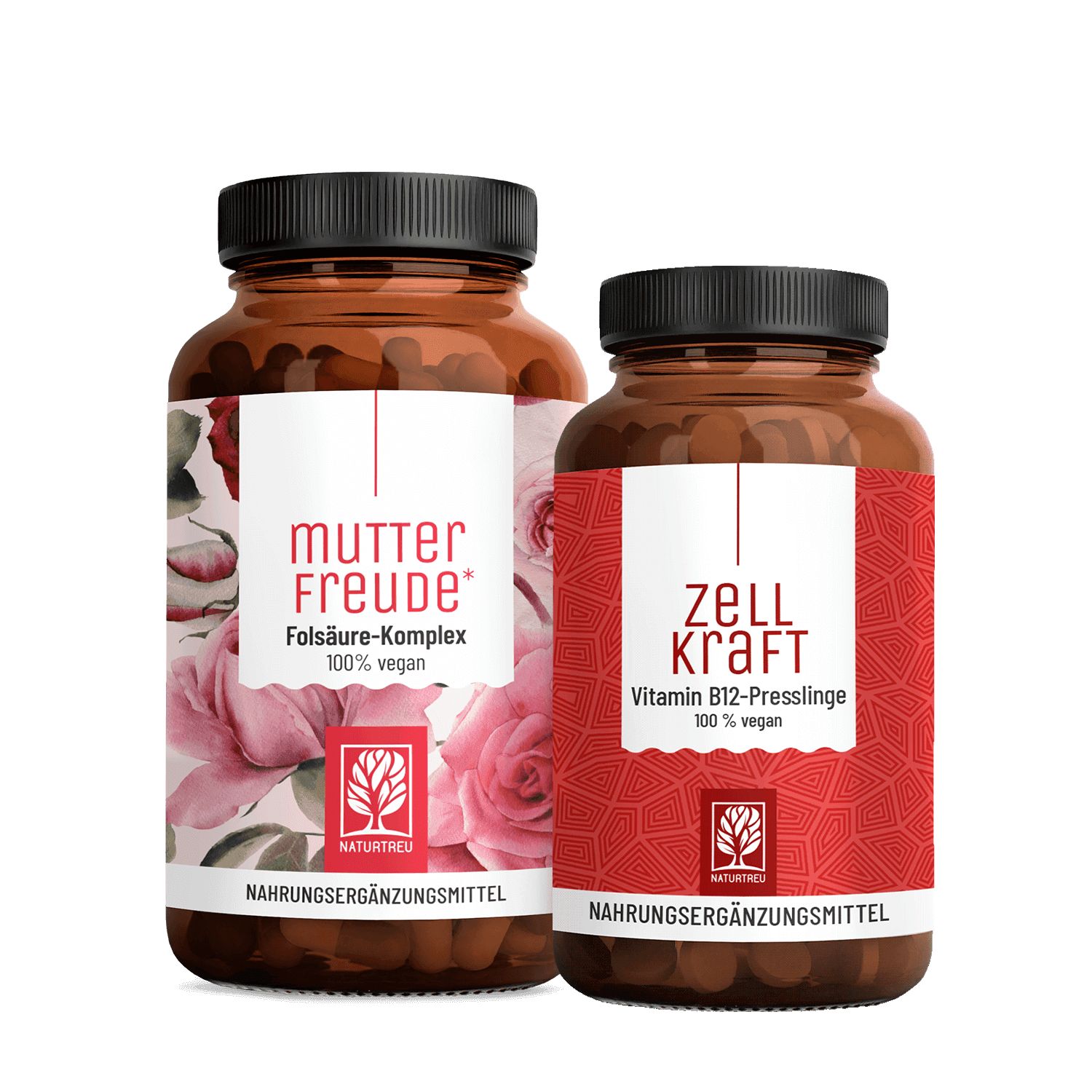 Zwei braune Flaschen mit schwarzen Deckeln. Auf der linken Flasche steht "mutterFreude", auf der rechten "zellKraft".