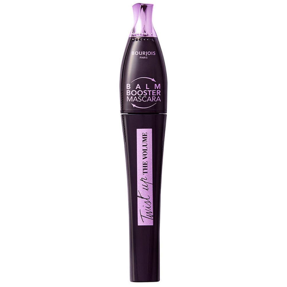 Schwarze Mascara-Tube mit lila Akzenten. Aufschrift: Bourjois, Balm Booster Mascara, Twist Up The Volume.