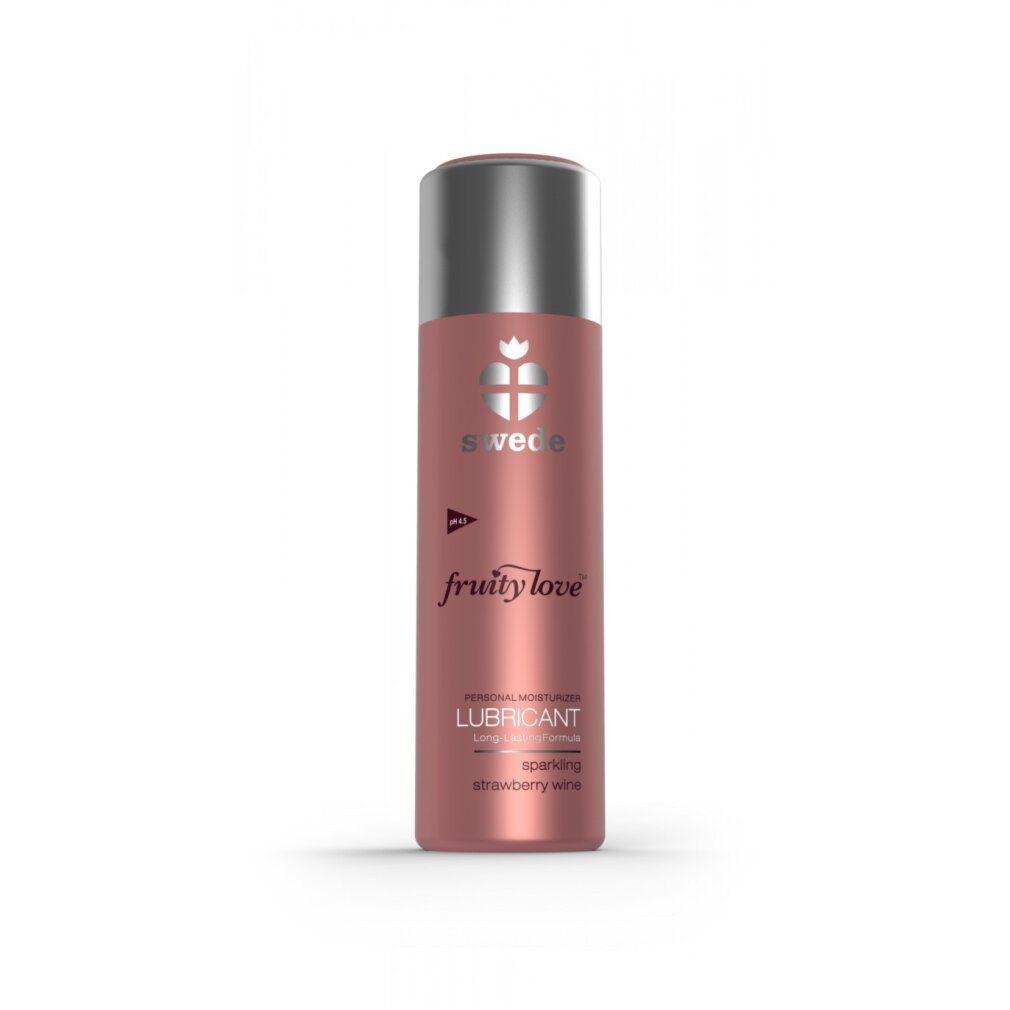 Rosa Flasche mit silbernem Deckel. Aufschrift: Fruity Love, Lubricant, Strawberry Wine. Logo: Krone mit Herz.