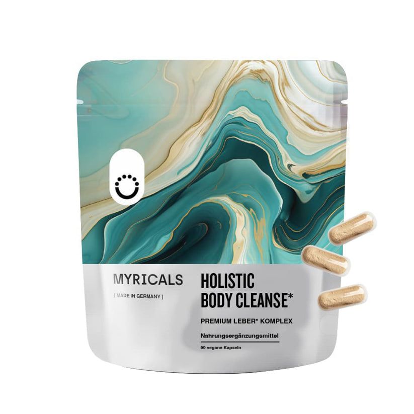 Beutel mit Produktname und Kapseln. Text: MYRICALS HOLISTIC BODY CLEANSE, PREMIUM LEBER KOMPLEX. Hintergrund weiß.