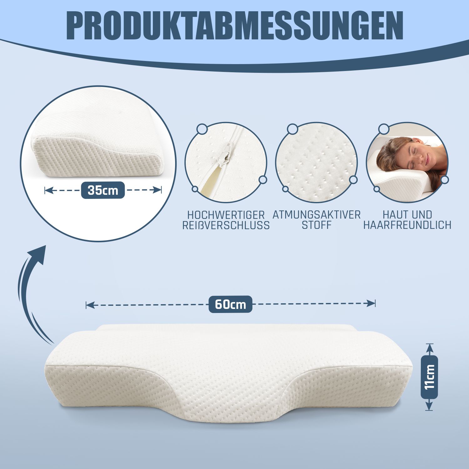 Weißes Kissen mit Maßangaben: 35x60x11cm. Reißverschluss, atmungsaktiver Stoff, hautfreundlich. Frau schläft auf Kissen.