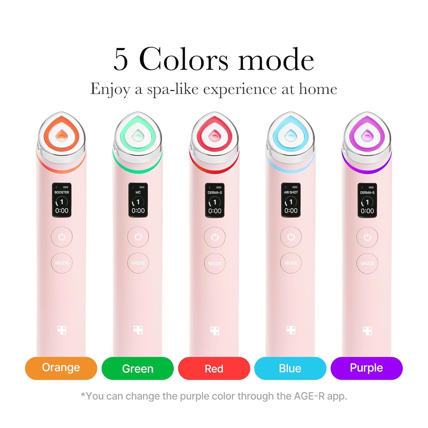 Fünf rosa Hautpflegegeräte mit farbigen LED-Leuchten: Orange, Grün, Rot, Blau, Lila. Text: 5 Colors mode. Genießen Sie ein Spa-Erlebnis zu Hause.