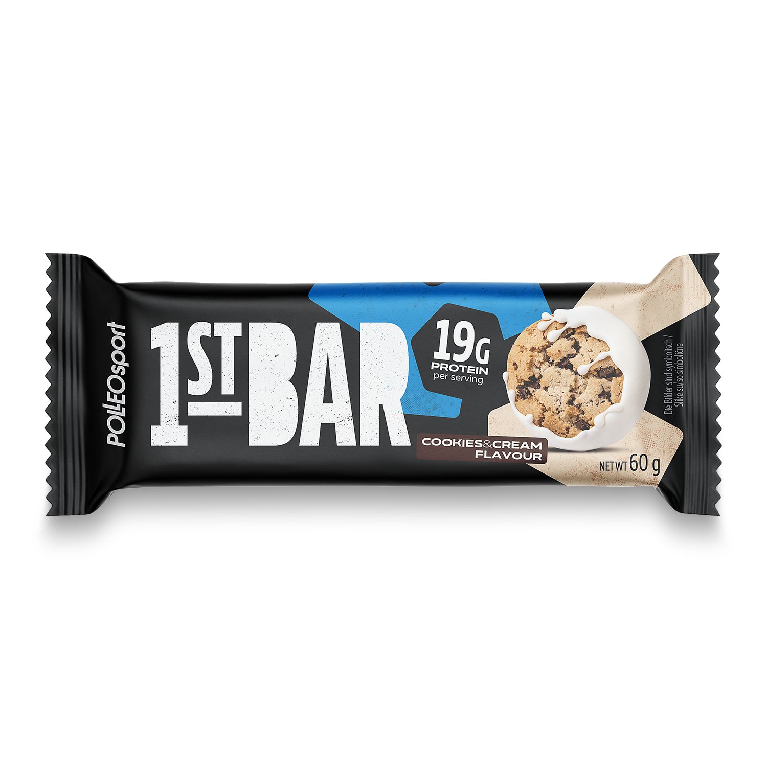 Proteinriegel "1ST BAR" mit Cookies & Cream Geschmack. 19g Protein pro Portion. Nettogewicht: 60g. Marke: PolleoSport.