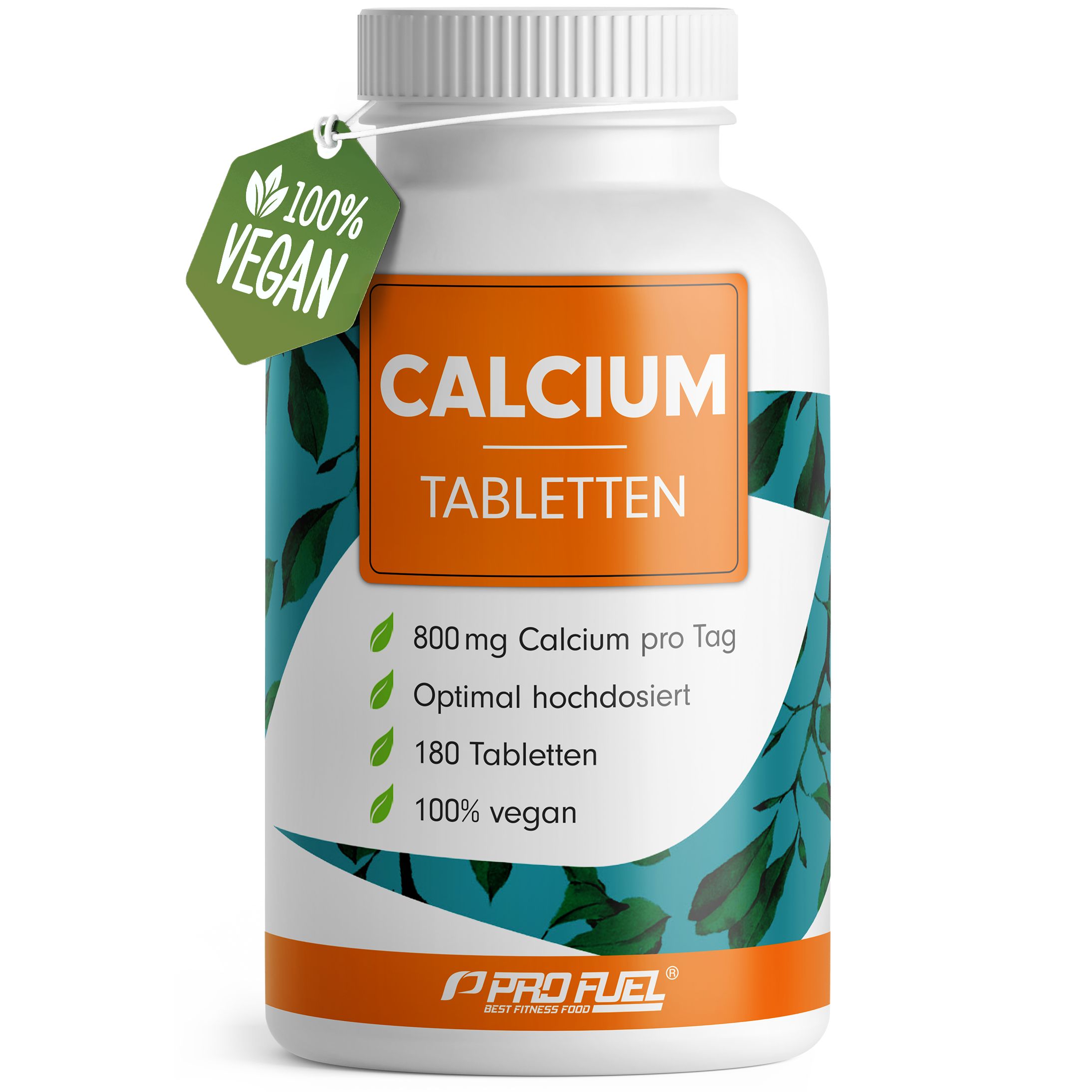 Weiße Flasche mit Calcium Tabletten. Orangefarbenes Etikett mit grünen Blättern und Text. 800 mg Calcium pro Tag, 100% vegan. Vegan-Siegel.