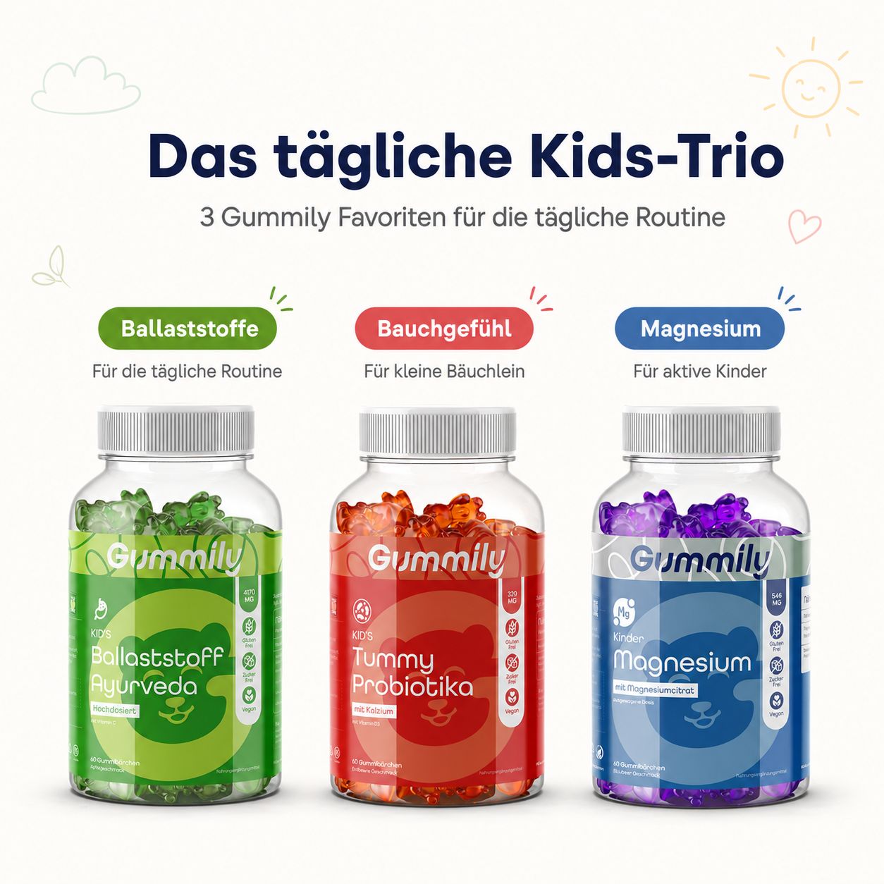 Drei Gummily Flaschen: Ballaststoffe, Tummy Probiotika, Magnesium für Kinder. Für die tägliche Routine.