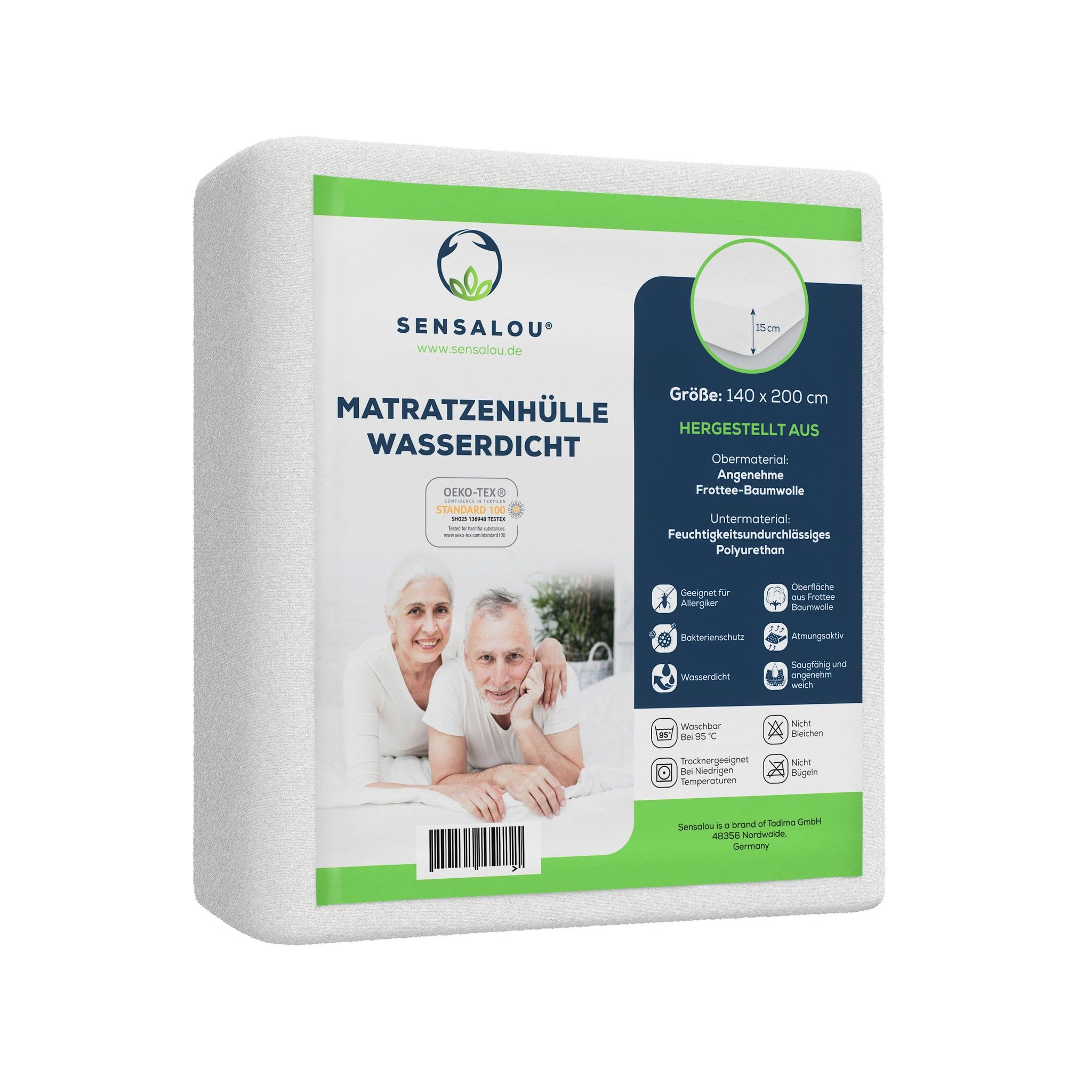 Verpackung der Matratzenhülle. Aufschrift: wasserdicht, 140x200cm, hergestellt aus Frottee-Baumwolle, für Allergiker geeignet. Oeko-Tex-Zertifizierung.