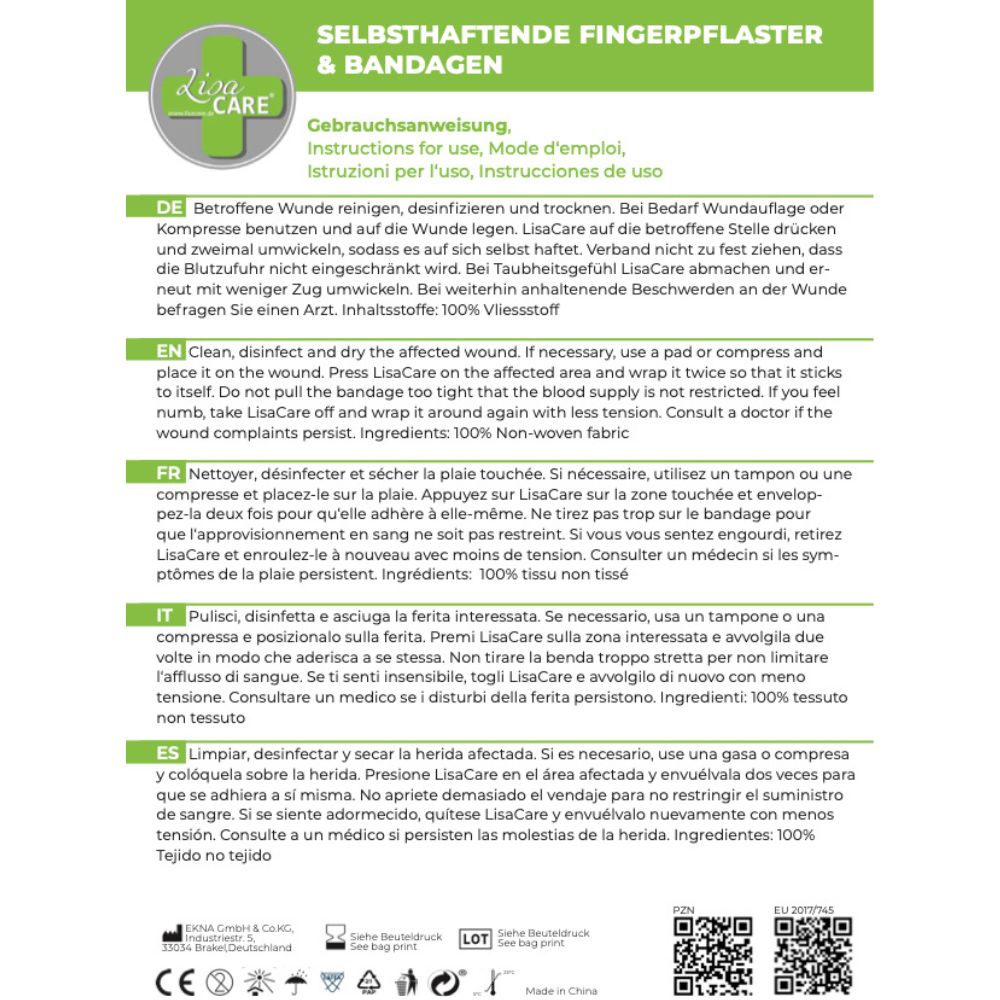 Gebrauchsanweisung für selbsthaftende Fingerpflaster. Reinigung, Desinfektion, Anwendung.