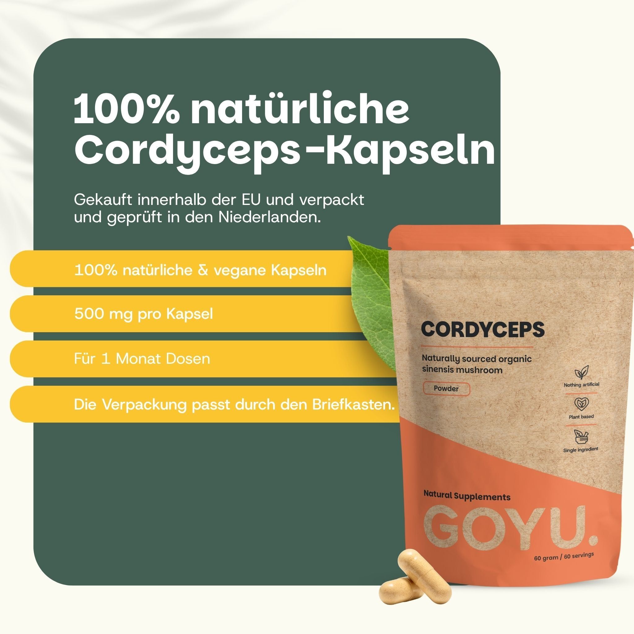 Verpackung mit Cordyceps-Kapseln, 500 mg pro Kapsel, 100% natürlich und vegan.