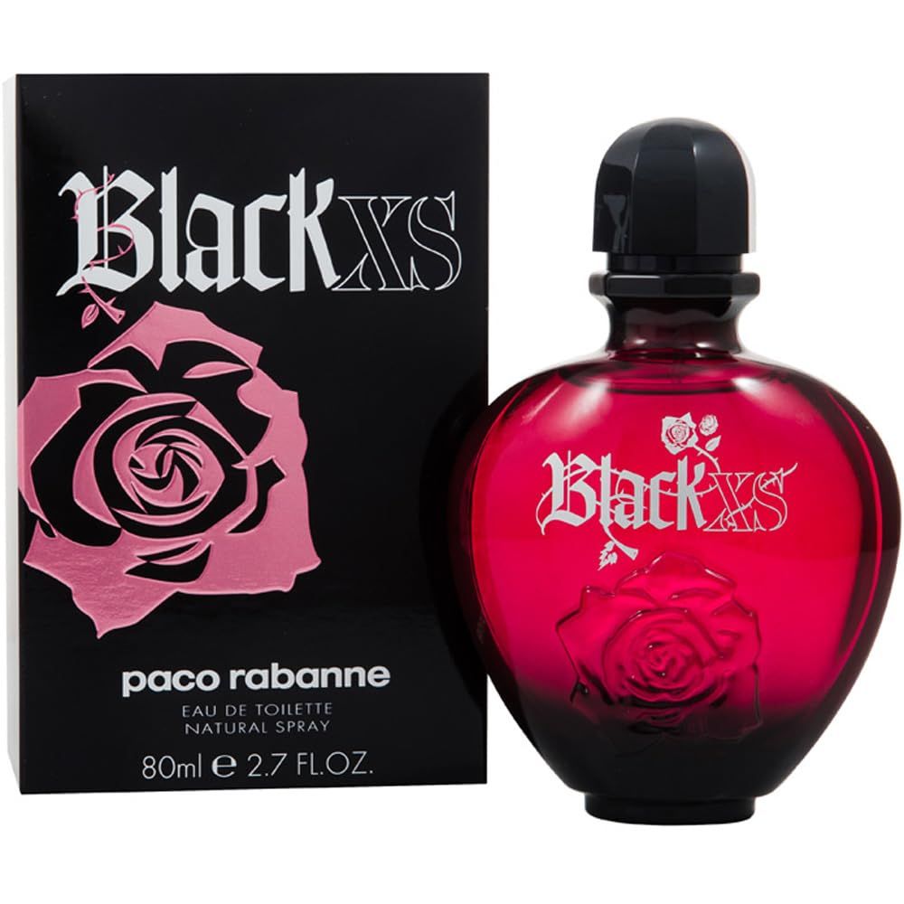 Roter Flakon und schwarze Schachtel. Aufschrift Black XS und Rose. Eau de Toilette Spray.