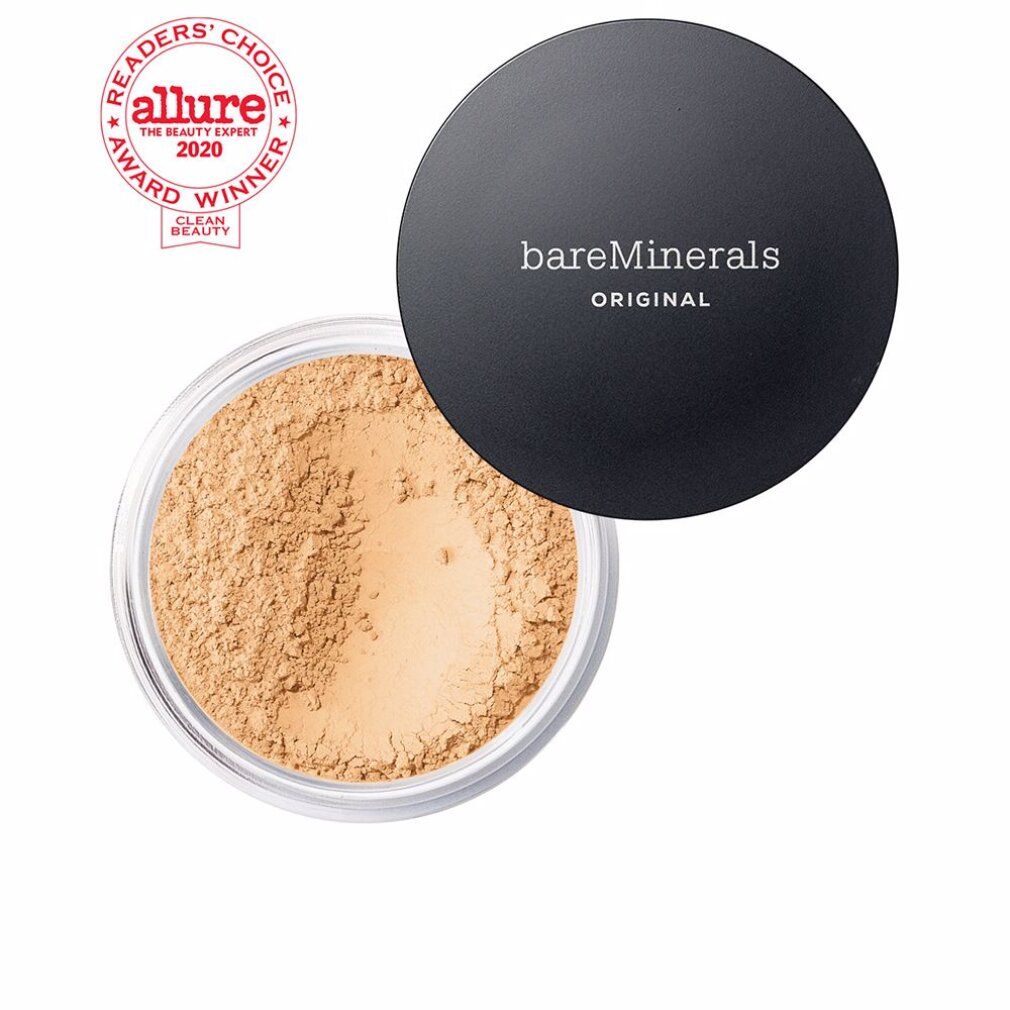 Beige Puder in einem transparenten Behälter mit schwarzem Deckel. Auf dem Deckel steht 'bareMinerals ORIGINAL'.