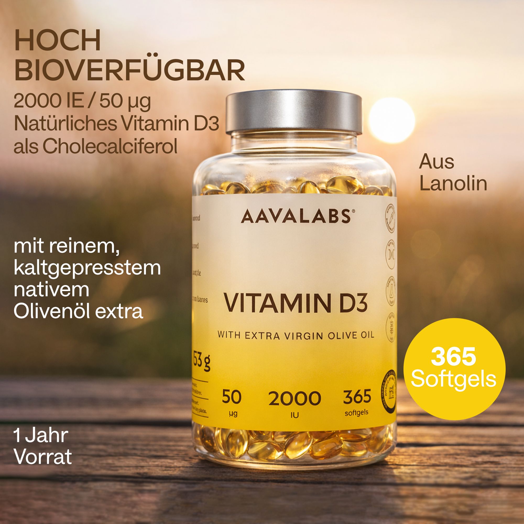Vitamin D3-Flasche mit Text. Enthält Informationen zu 2000 IE, 50 µg und 365 Softgels.